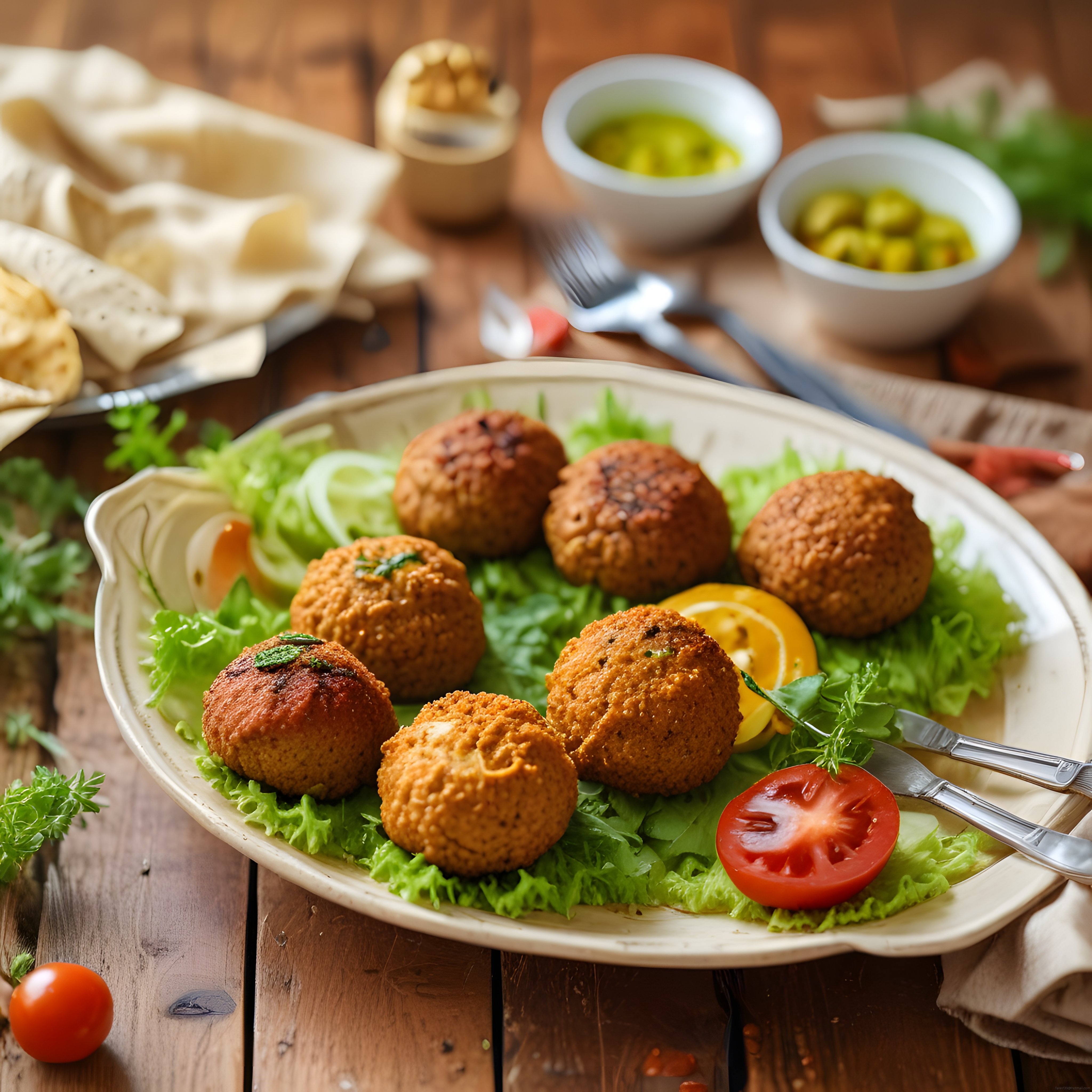 altın rengi falafel toplarıyla yeşillikler ve mezelerle bezeli akdeniz tabağı