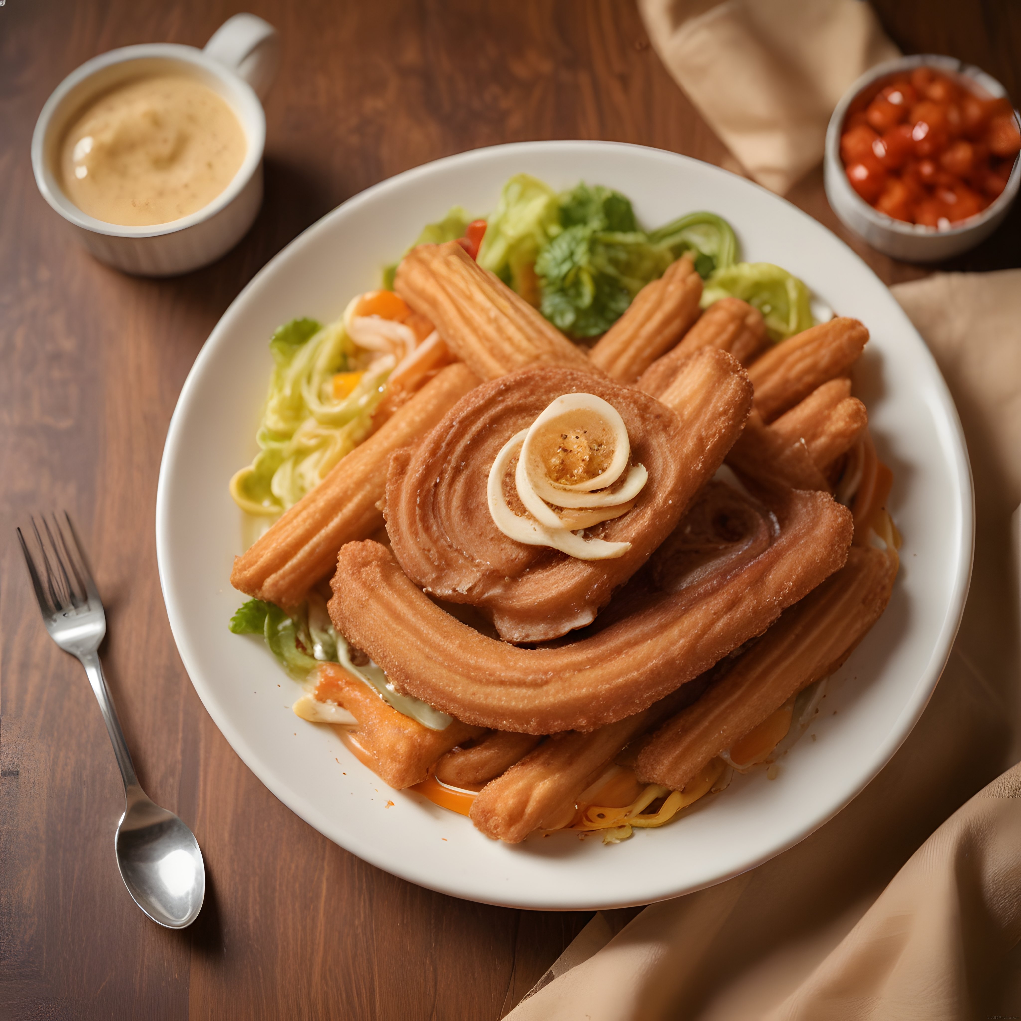 Altın Rengi Kızarmış Churros Tabağı, Dip Soslar ve Taze Salata Sunumu