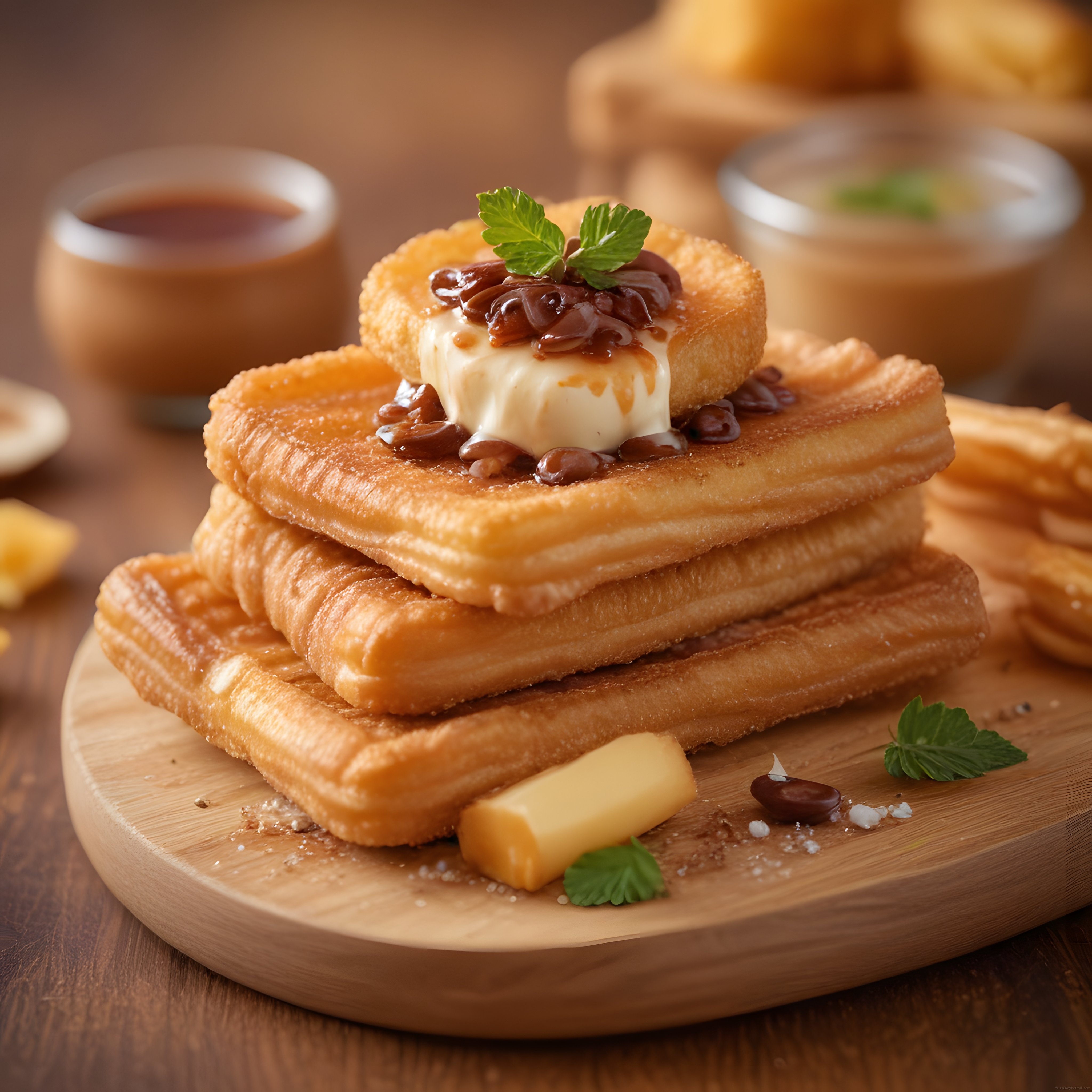 Altın Rengi Kızarmış Churros Üzerinde Kremalı ve Karamelli Tatlı Sunum