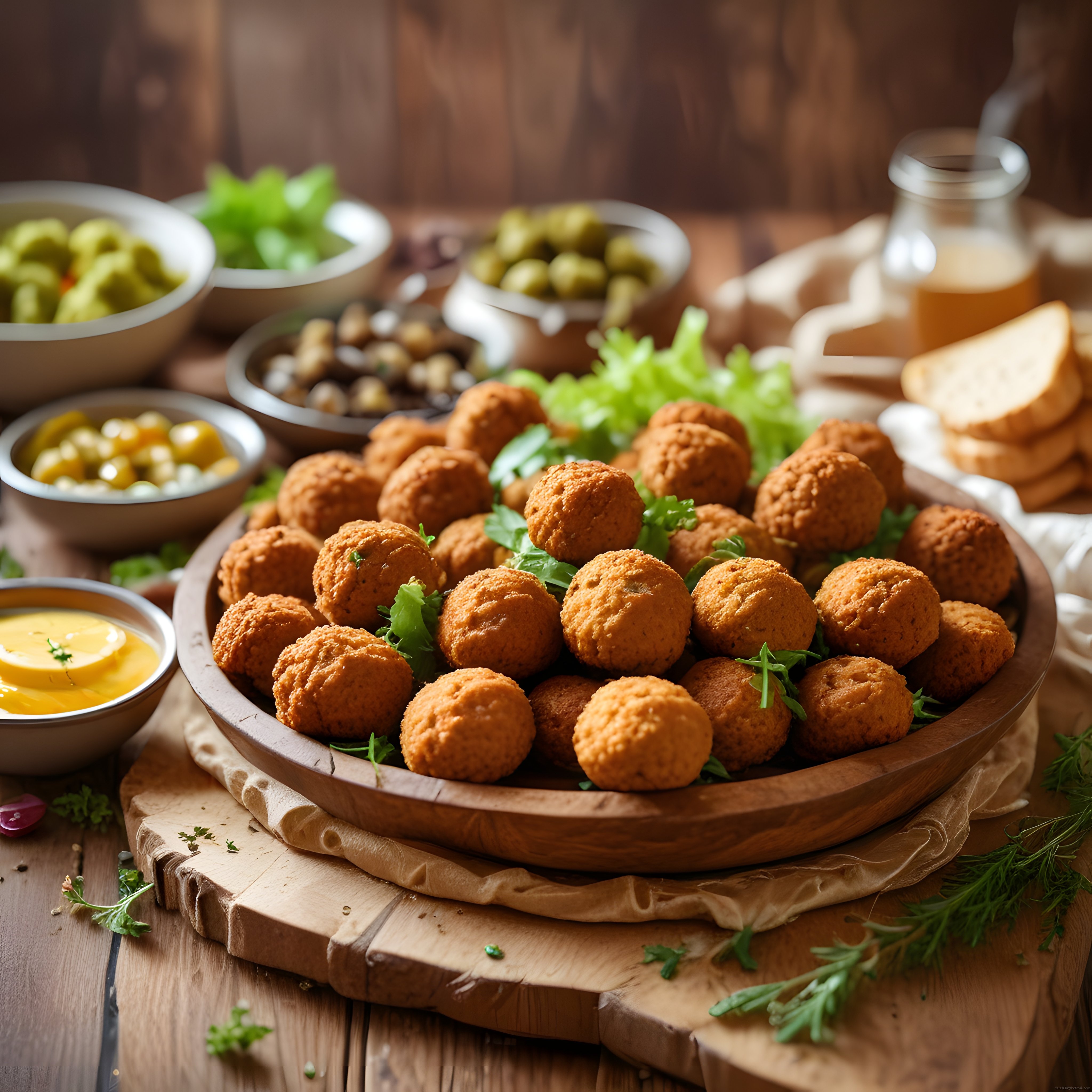 Altın Rengi Kızarmış Falafel Topları ve Taze Yeşilliklerle Dolu Sunum