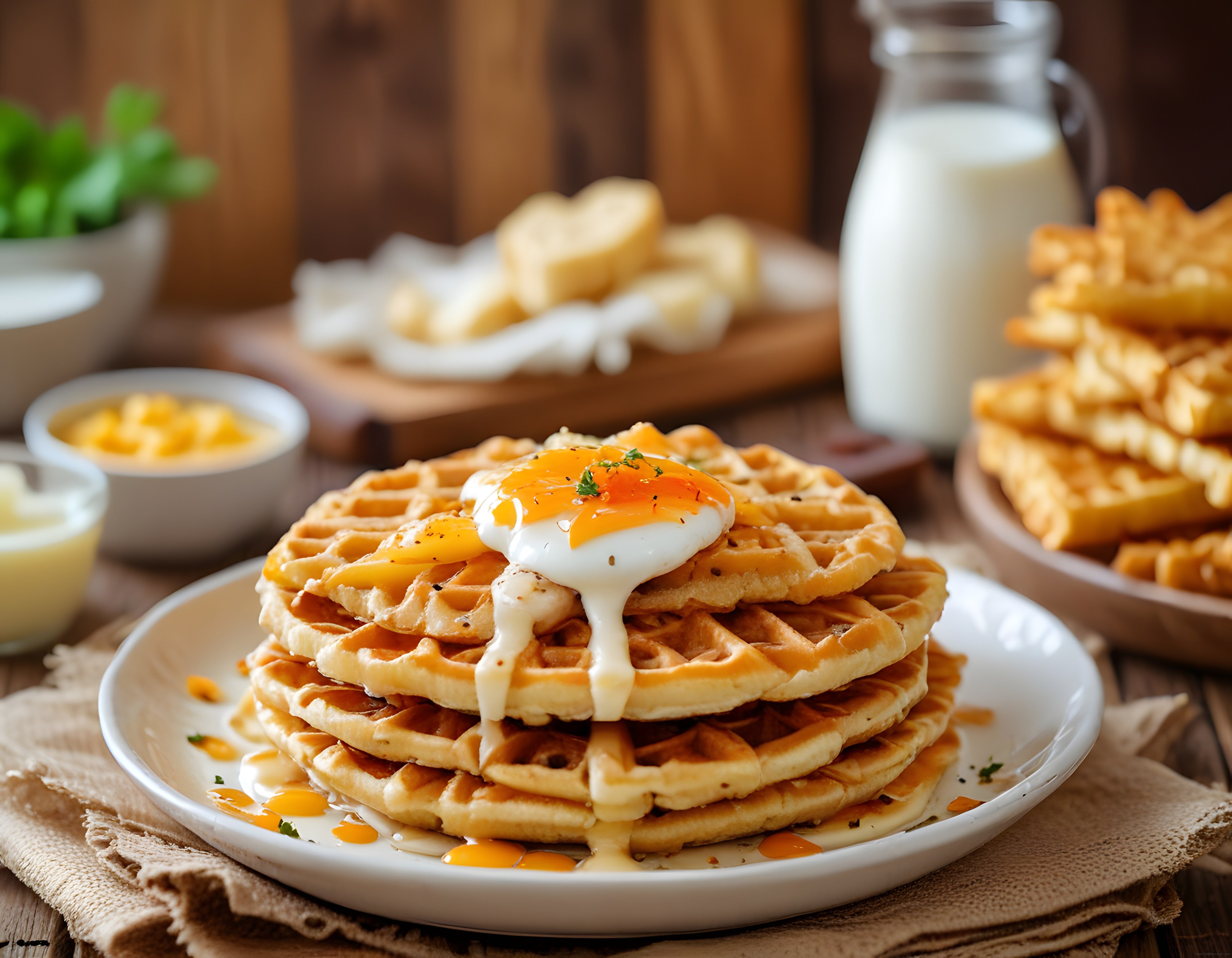 Altın Rengi Waffle Kulesi, Yumurta ve Tereyağıyla Nefis Bir Kahvaltı Sofrası