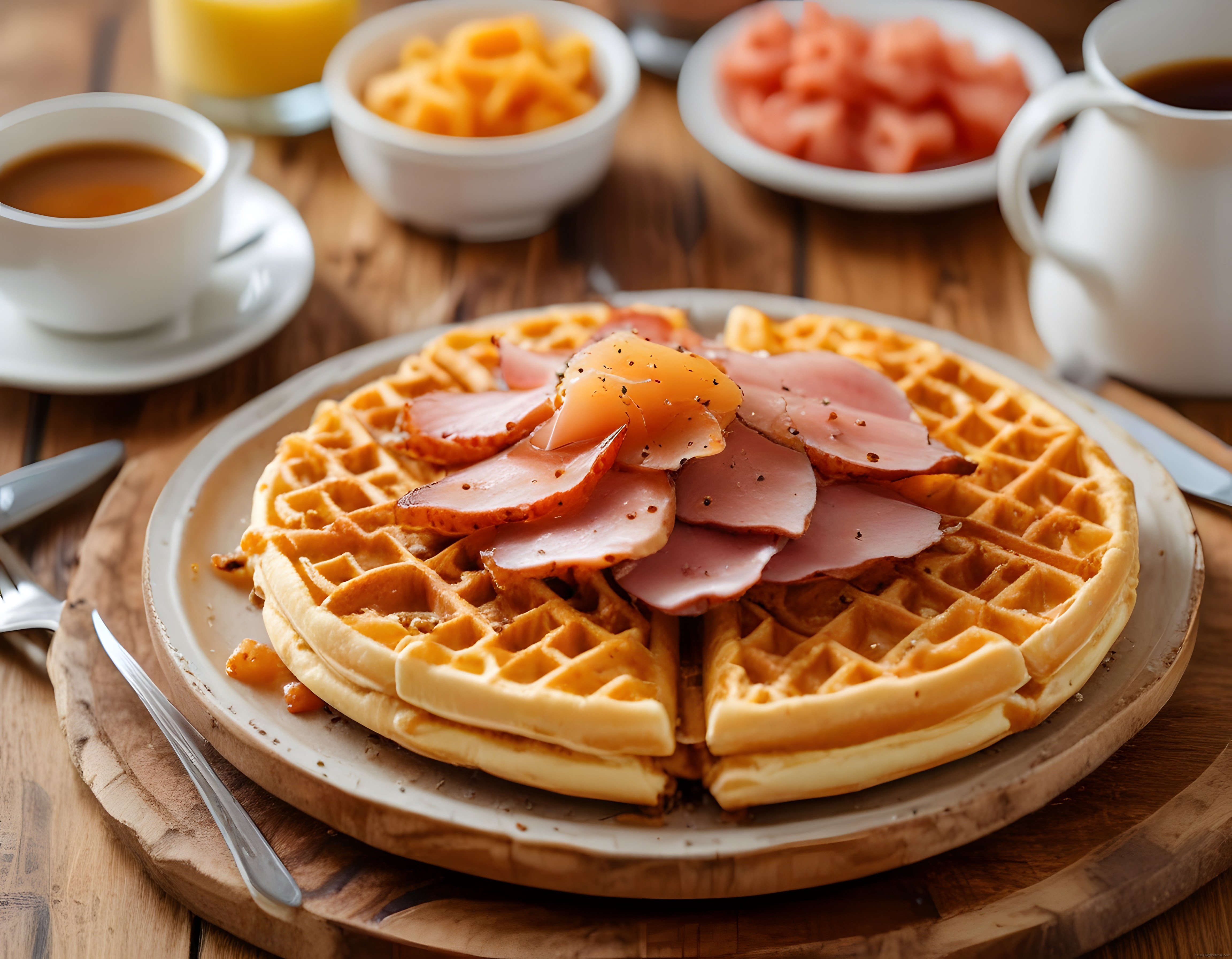 Altın Rengi Waffle ve Jambonlu Şeftalili Rustik Kahvaltı Tabağı Sunumu