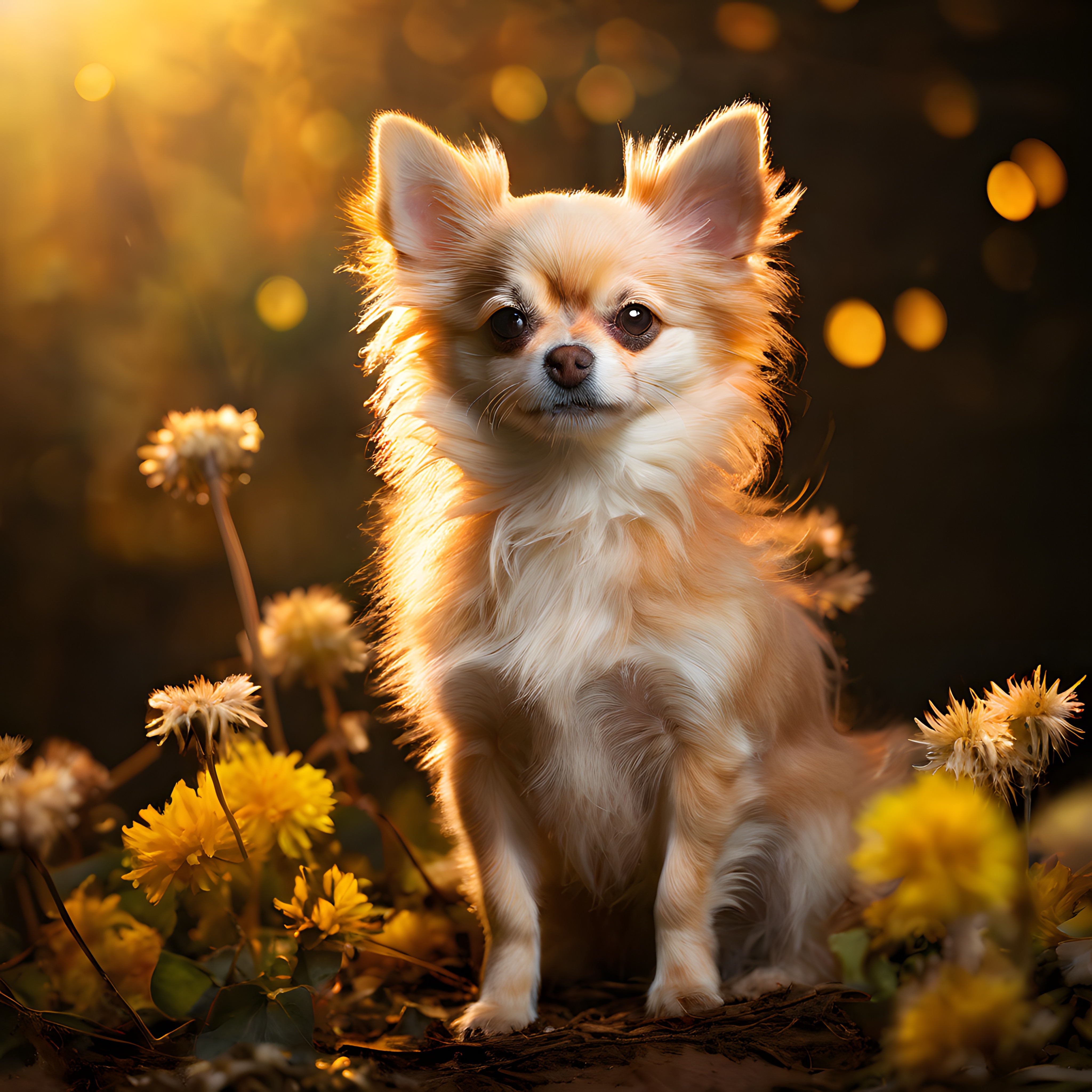Altın Saat Işığında Çiçekler Arasında Tüylü Chihuahua Portresi
