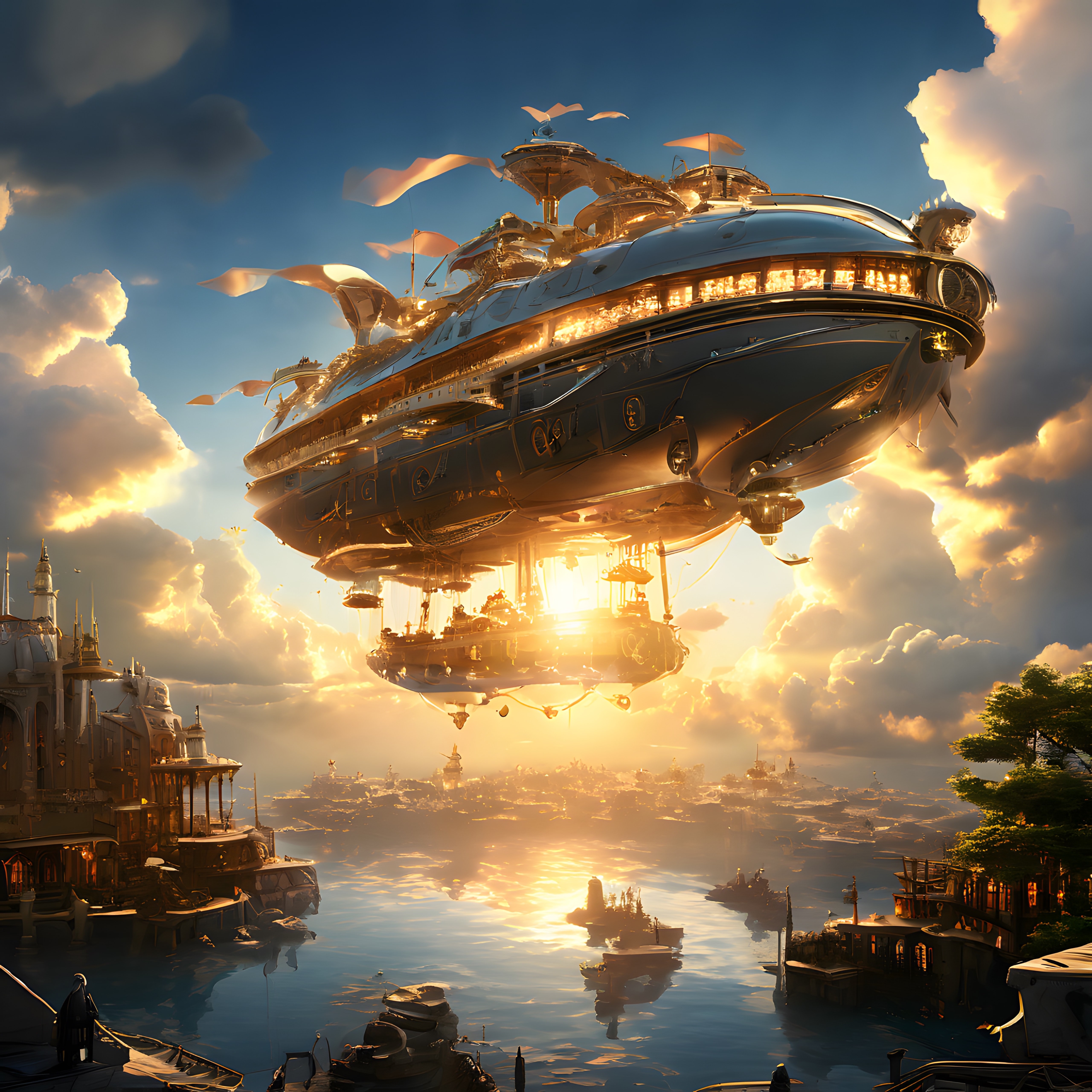 altın saat ışığında devasa steampunk hava gemisi ve fantastik göl kenti