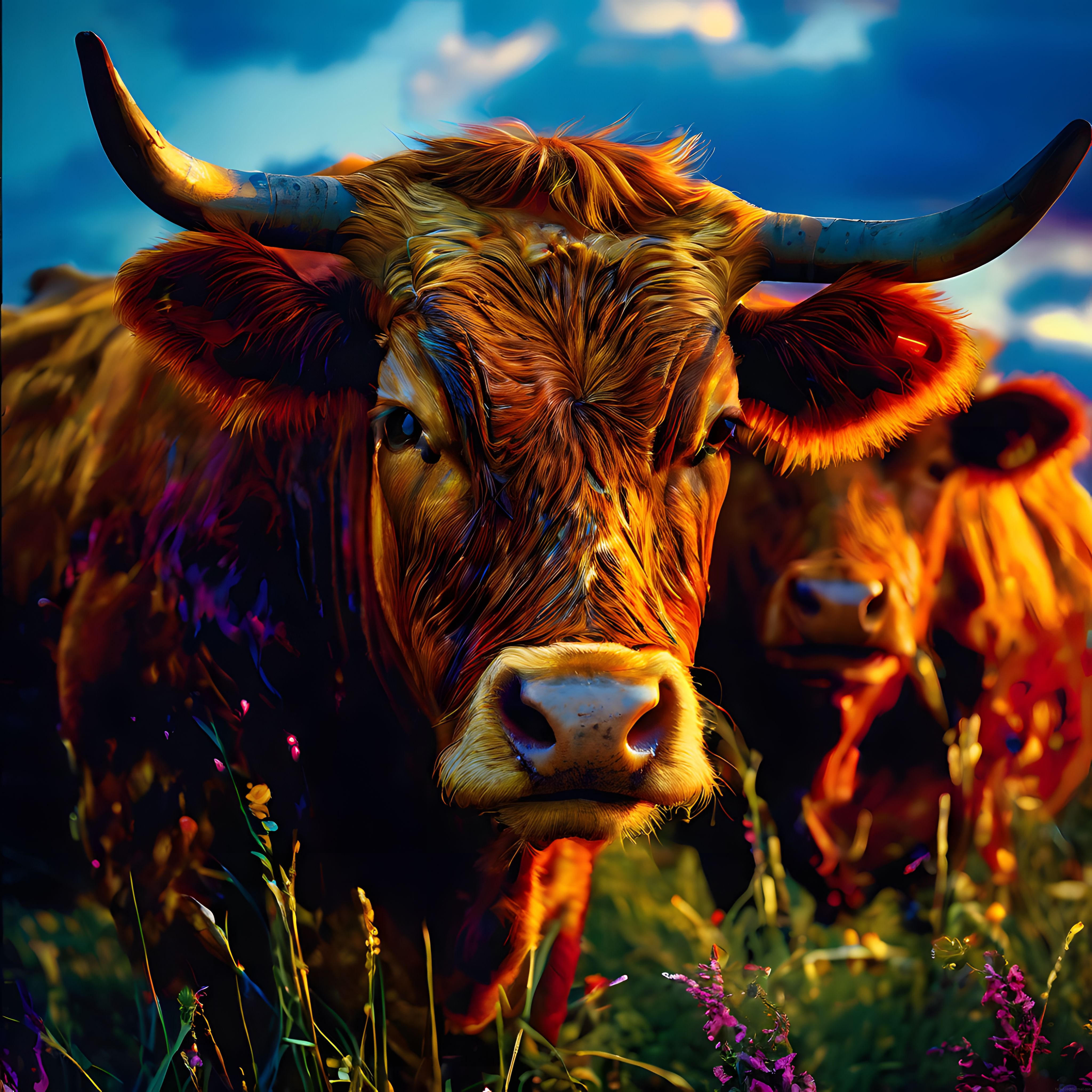 Altın Saat Işığında İskoç Highland İneği ve Eşsiz Yabani Doğa Manzarası