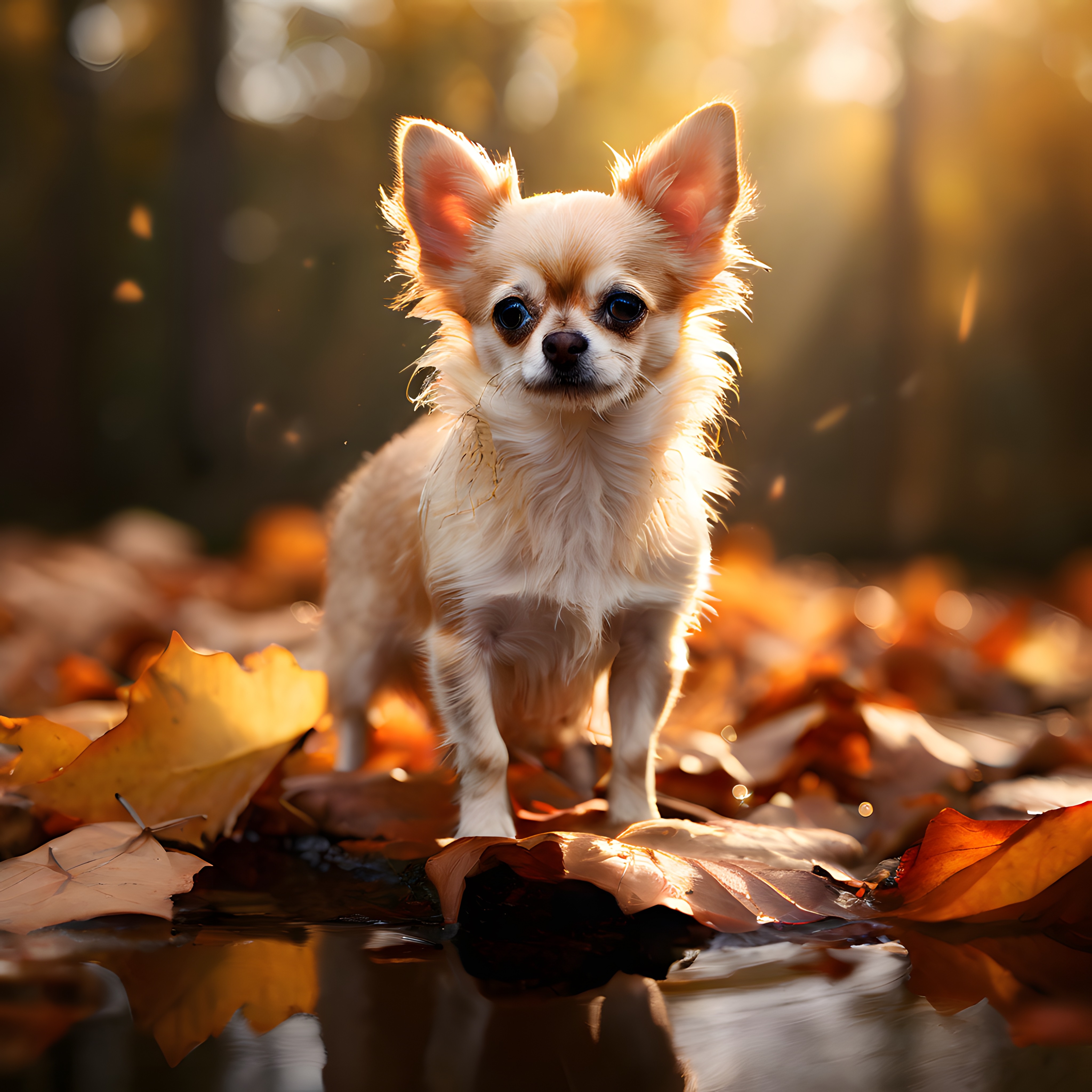 Altın saat ışığında ıslak sonbahar yapraklarındaki sevimli chihuahua köpeği