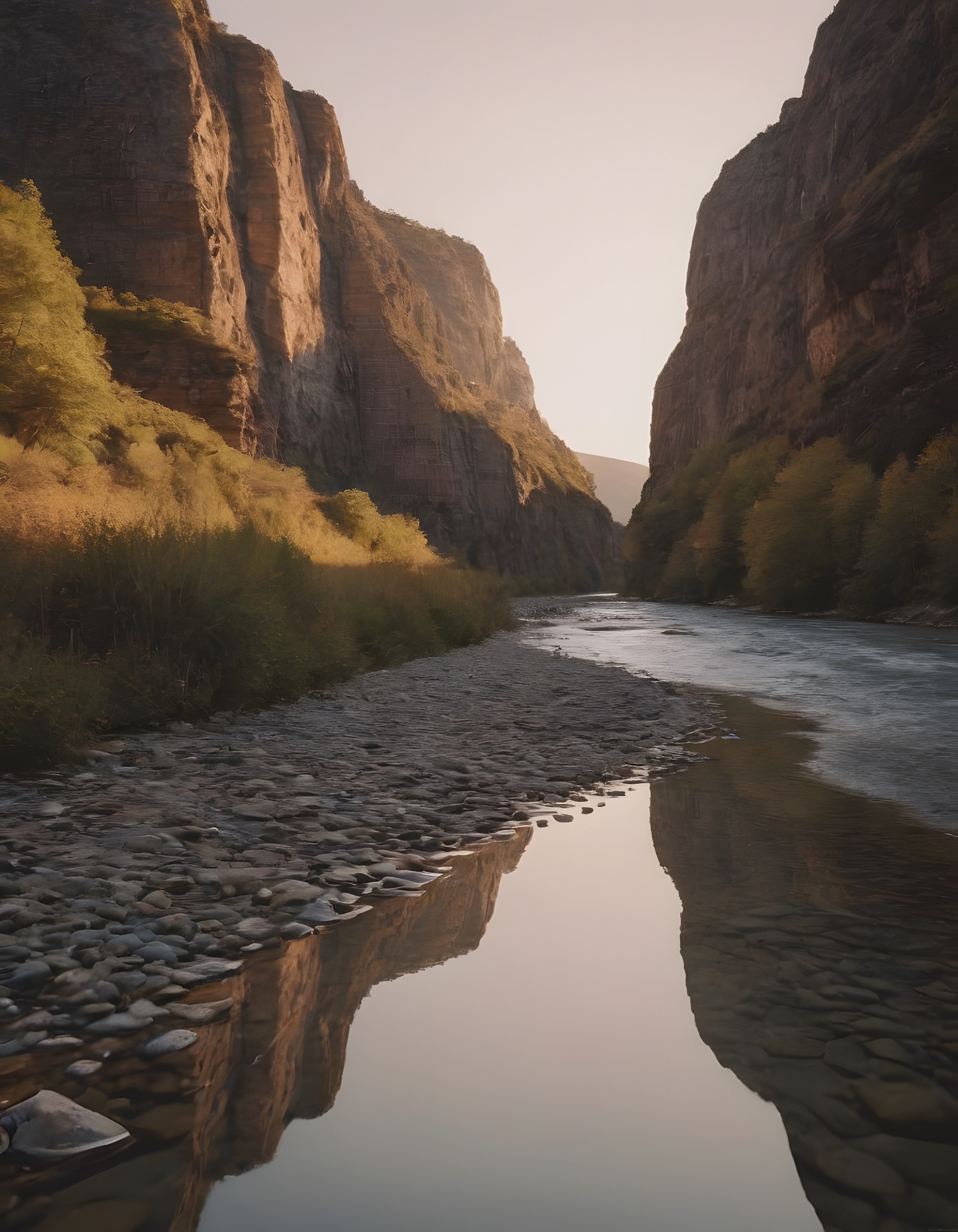 Altın saat ışığında kanyon duvarları arasından akan sakin nehir manzarası