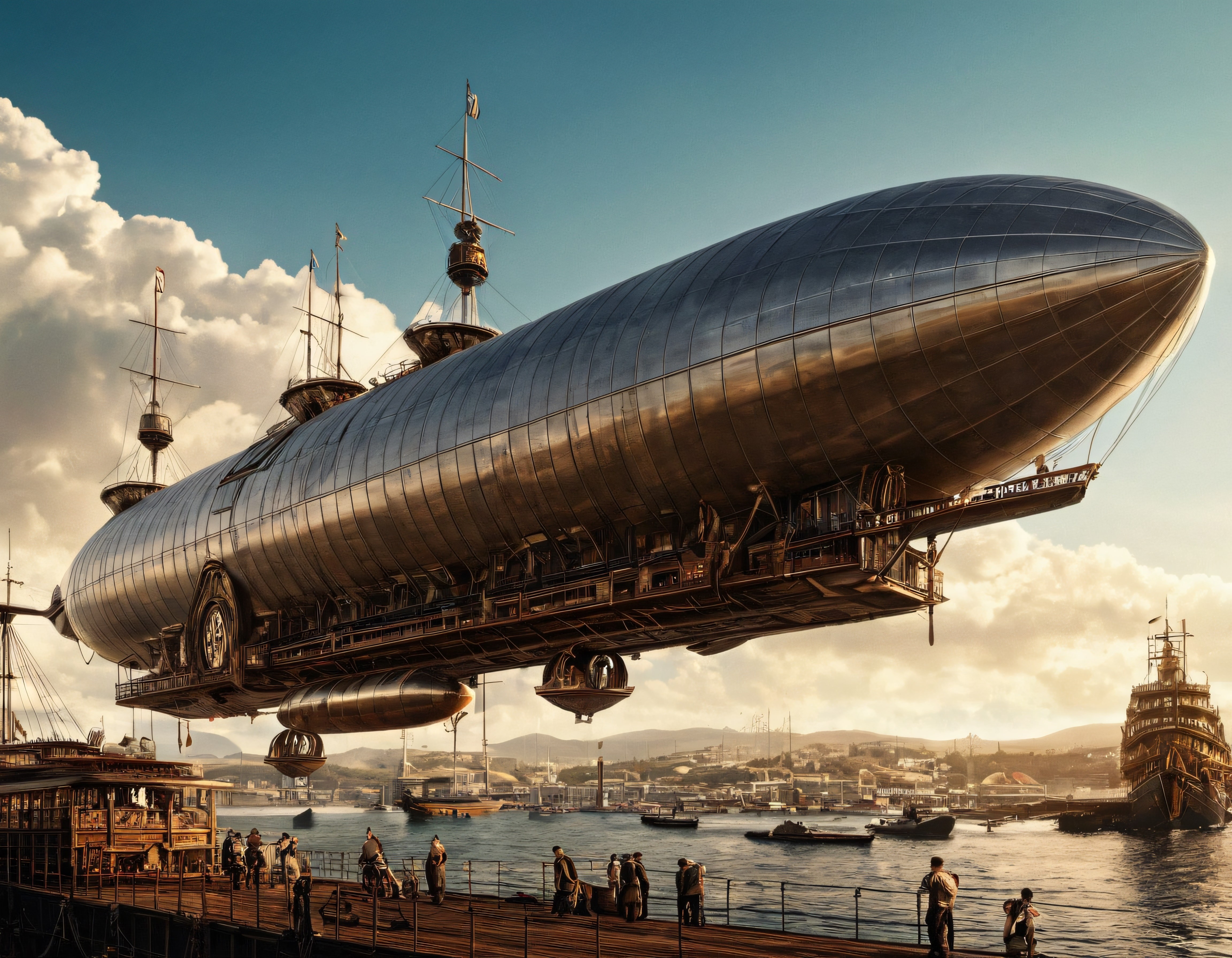 Altın Saat Işığında Liman Üzerinde Süzülen Dev Çelik Steampunk Hava Gemisi