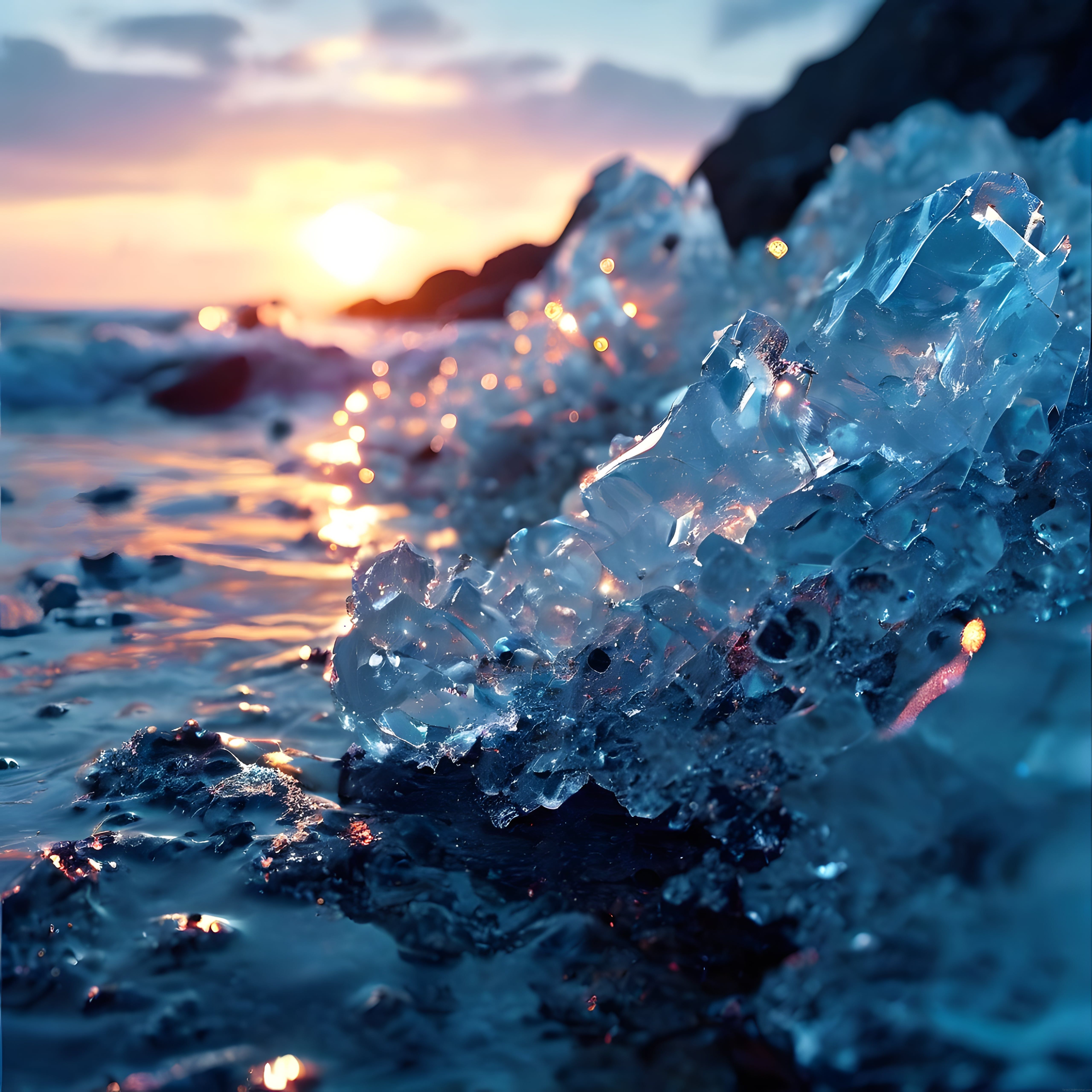 Altın Saat Işığında Parlayan Kristal Buzul ve Soğuk Deniz Kıyısı