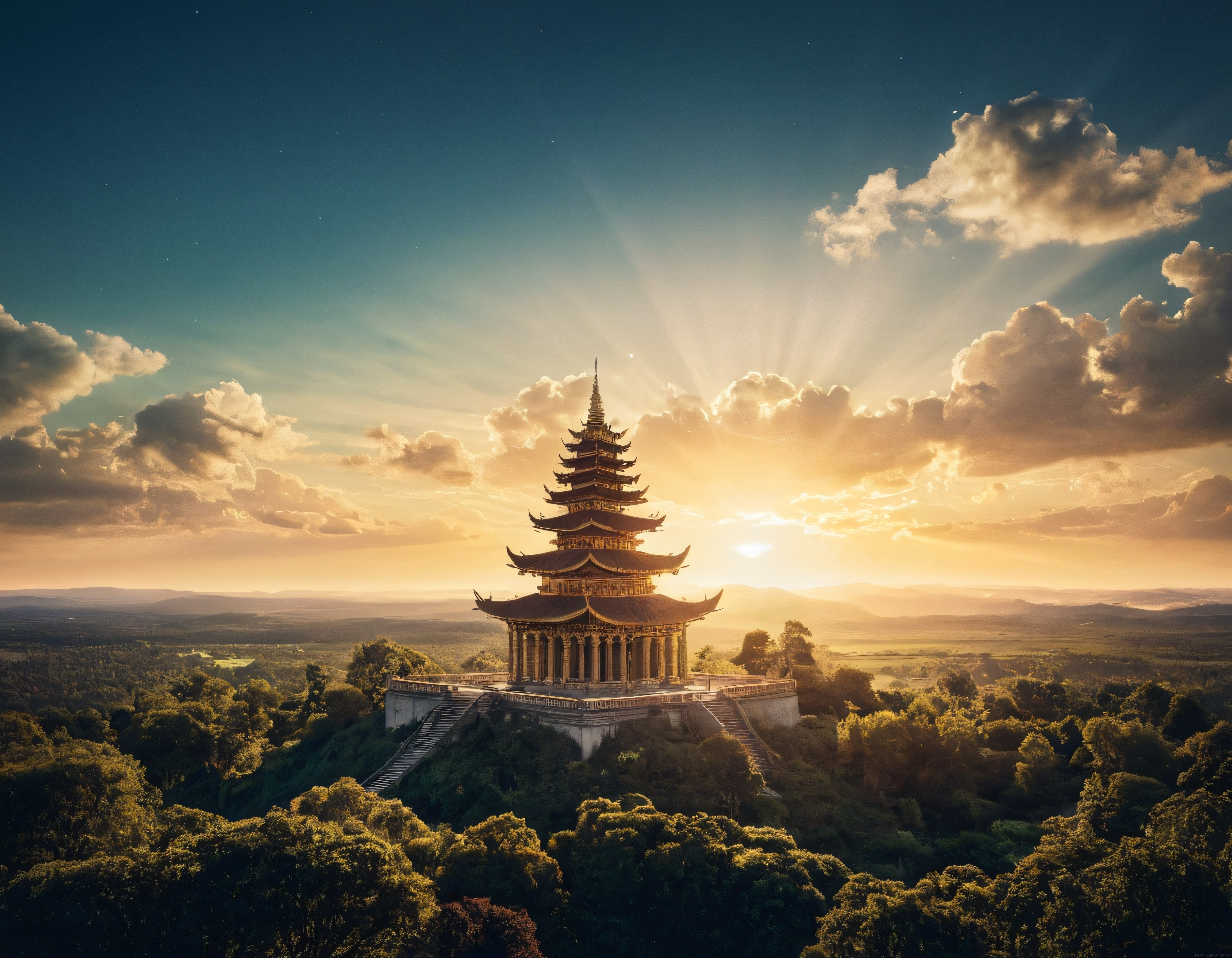 Altın Saat Işığında Tepedeki Eski Çok Katmanlı Pagoda ve Orman Manzarası