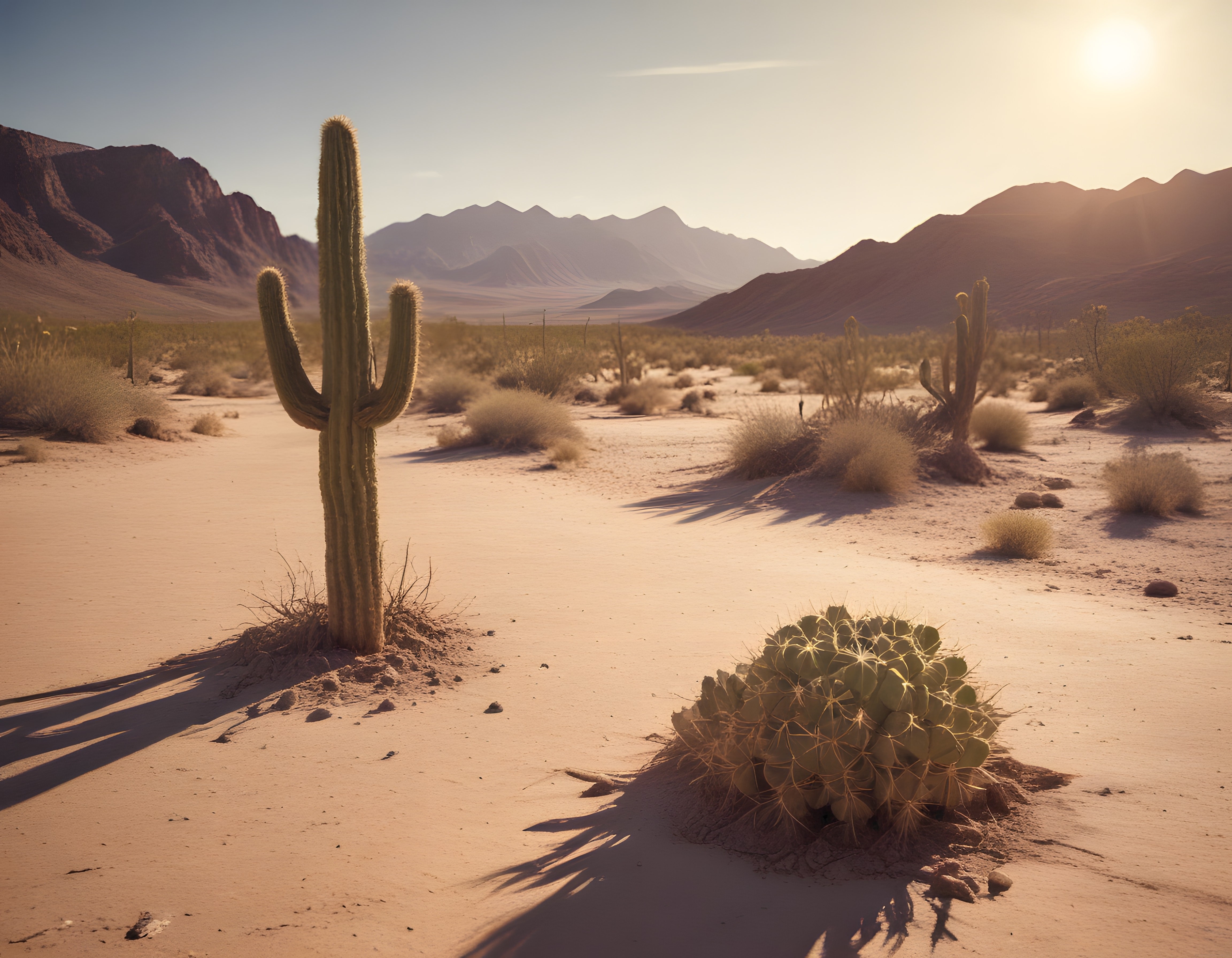 Altın Saatlerde Çöl Manzarası: Saguaro Kaktüsleri ve Uzakta Yükselen Dağlar