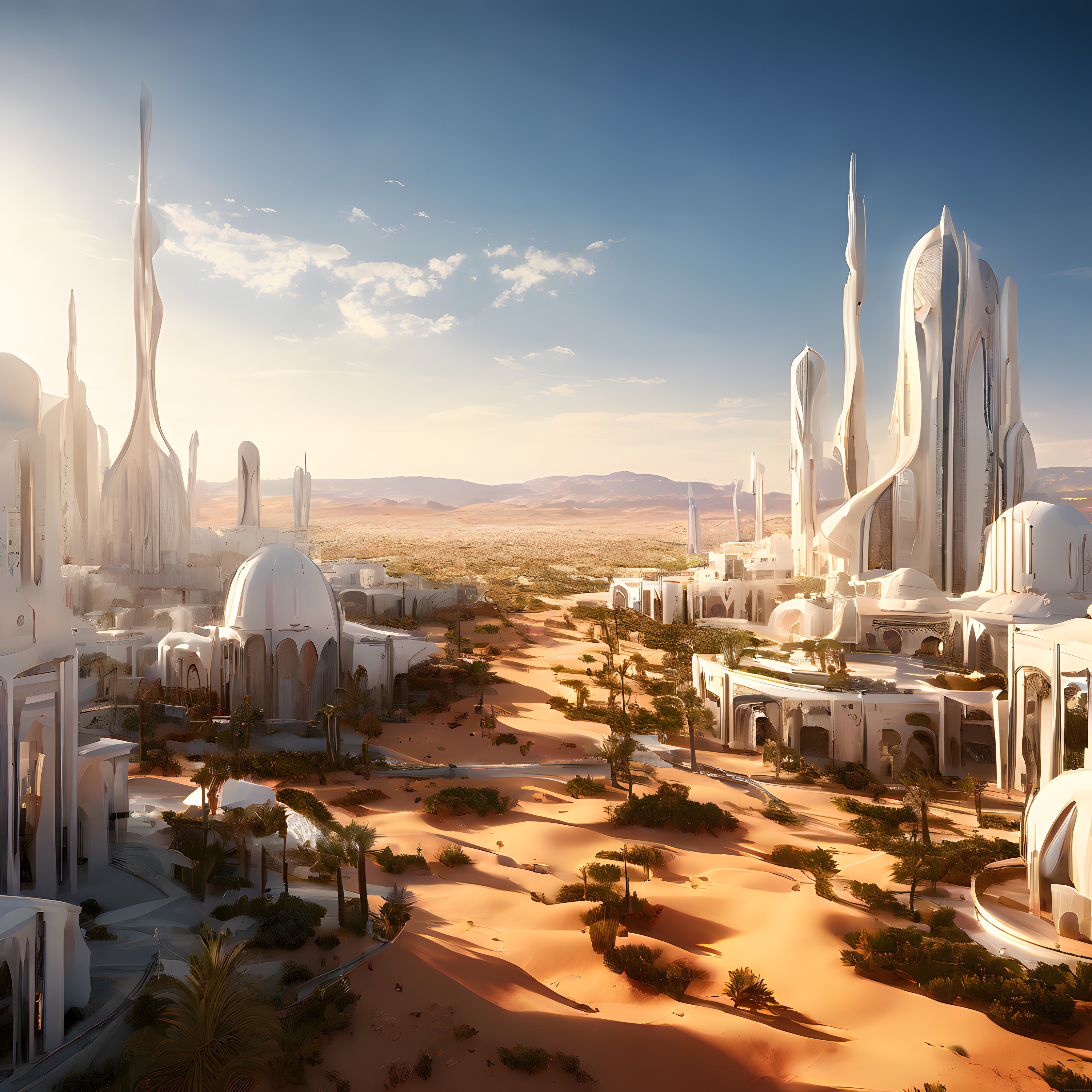 Altın saatlerde çölün ortasında yükselen beyaz futuristik şehir manzarası