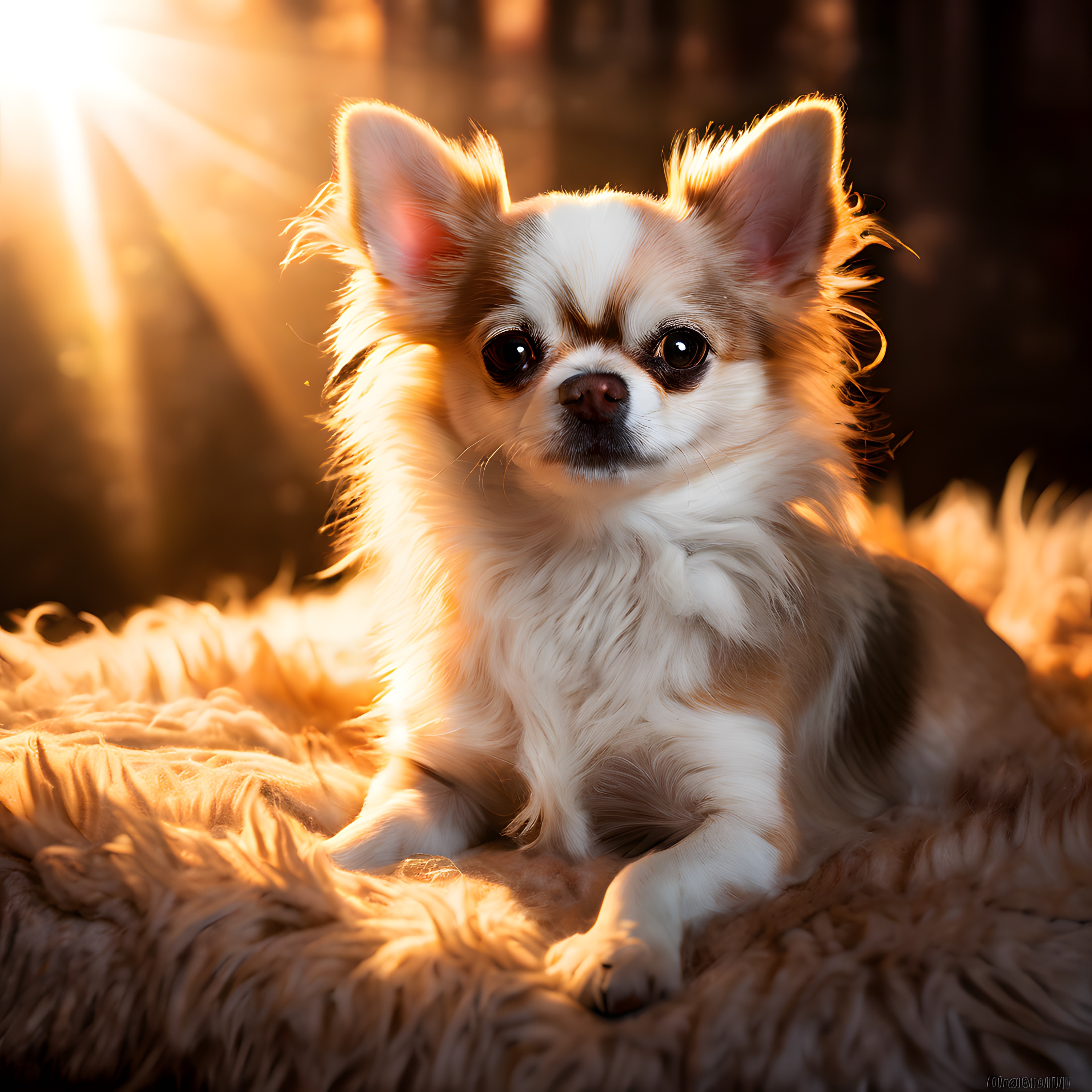 Altın Saatlerde Peluş Yatakta Dinlenen Tüylü Chihuahua Köpek Portresi