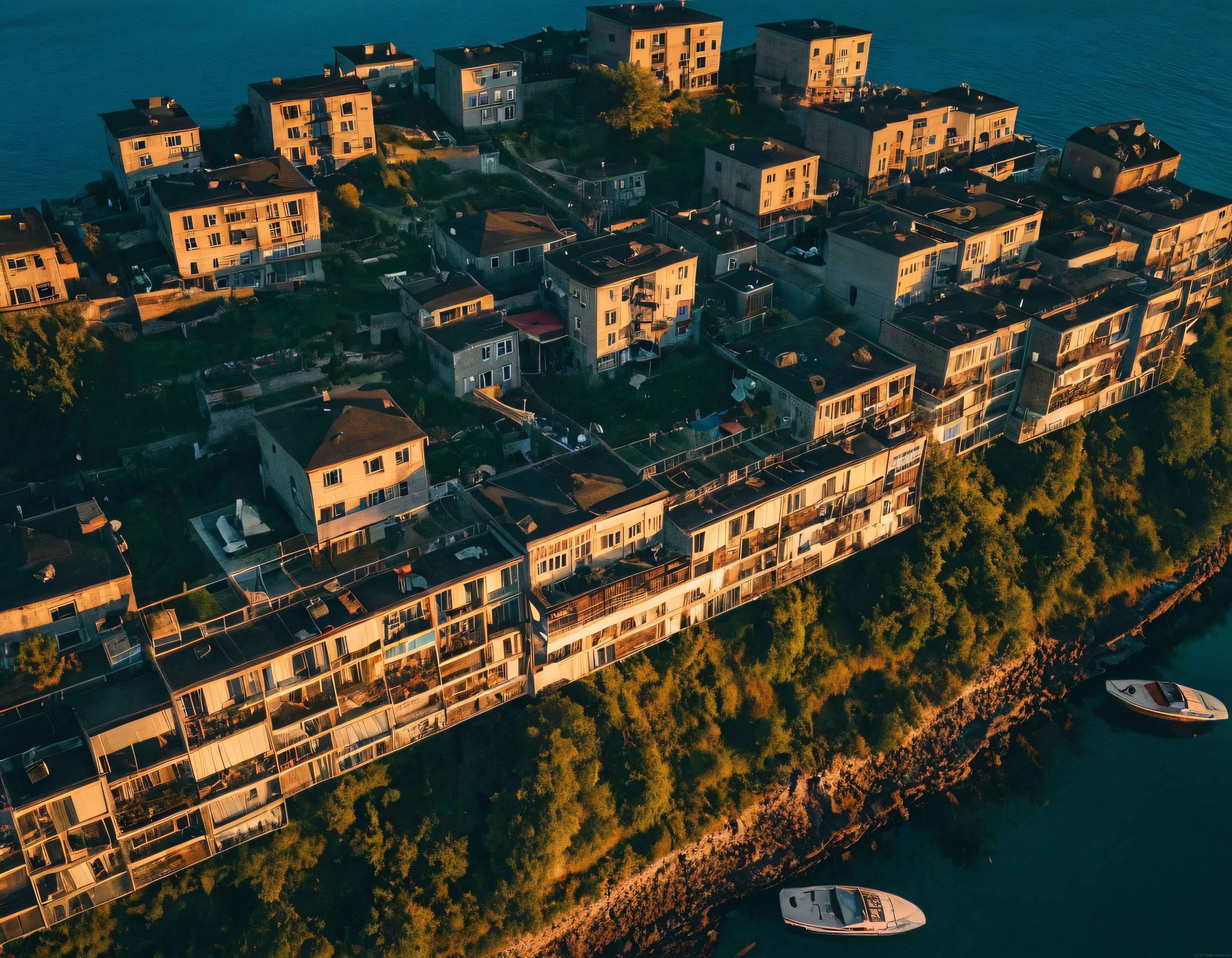 Altın saatte deniz kıyısındaki yamaç yerleşiminin havadan manzarası