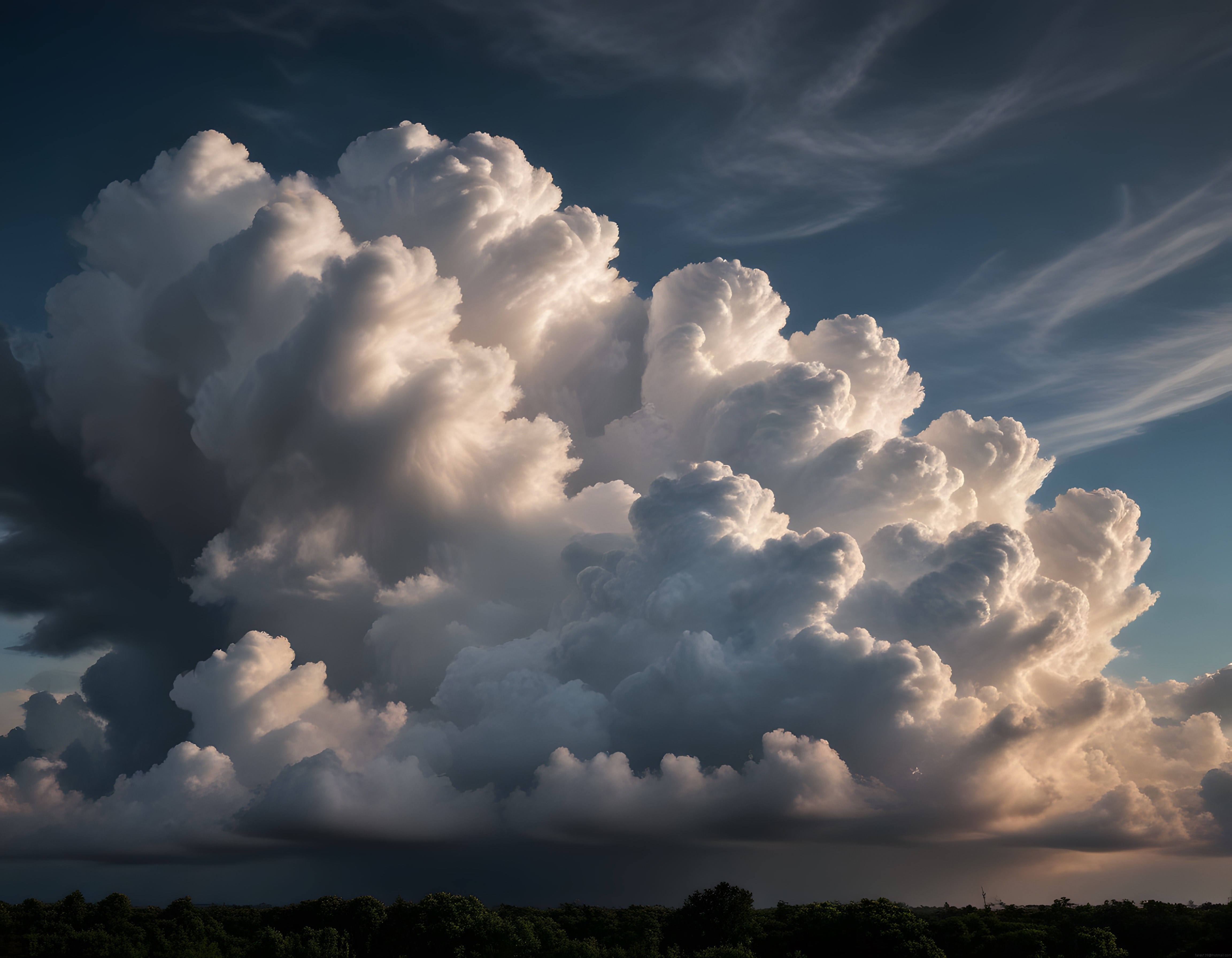 Altın saatte devasa kümülonimbus bulutları ve fırtına öncesi dramatik gökyüzü