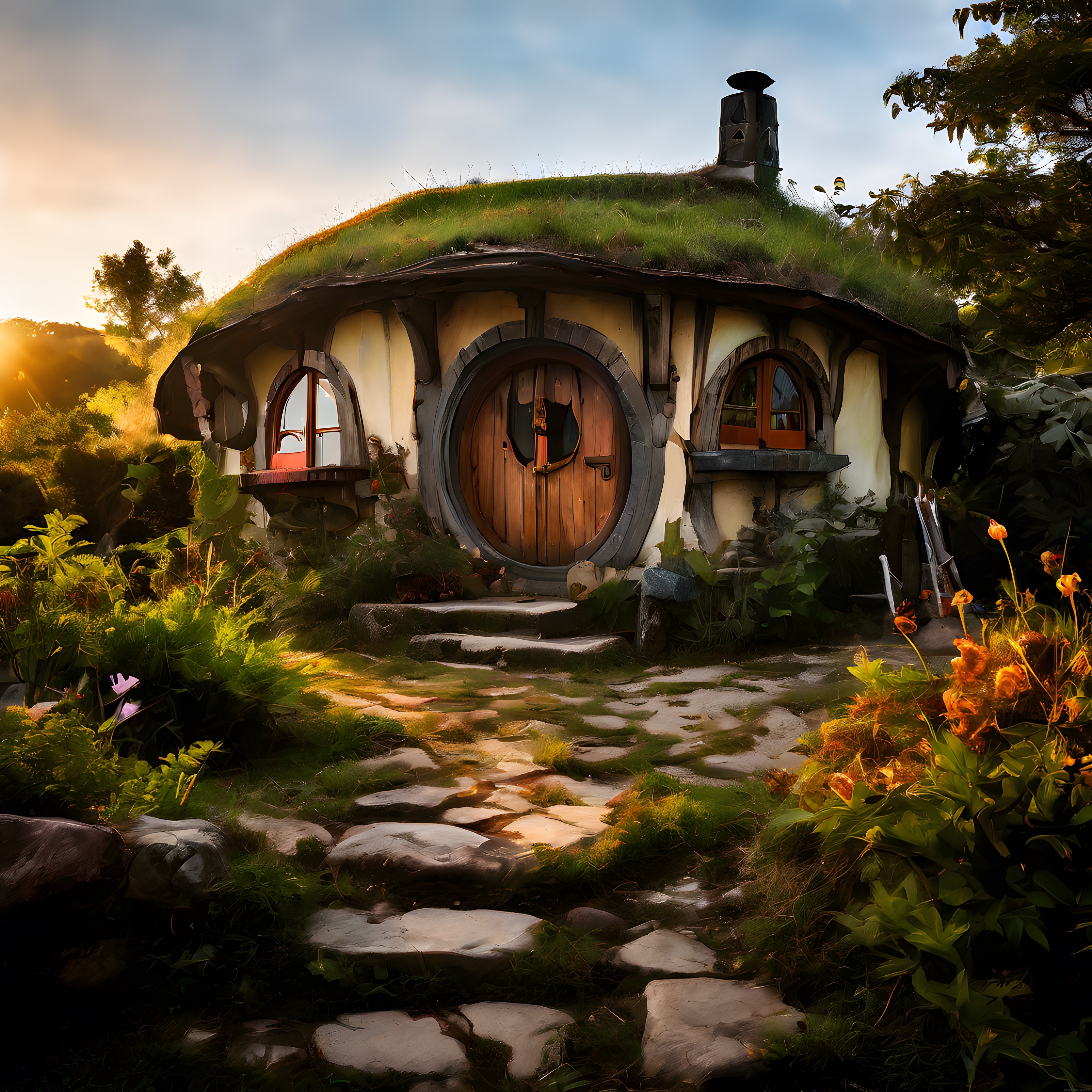 Altın Saatte Masalsı Hobbit Evi ve Çimen Çatılı Peri Bahçesi