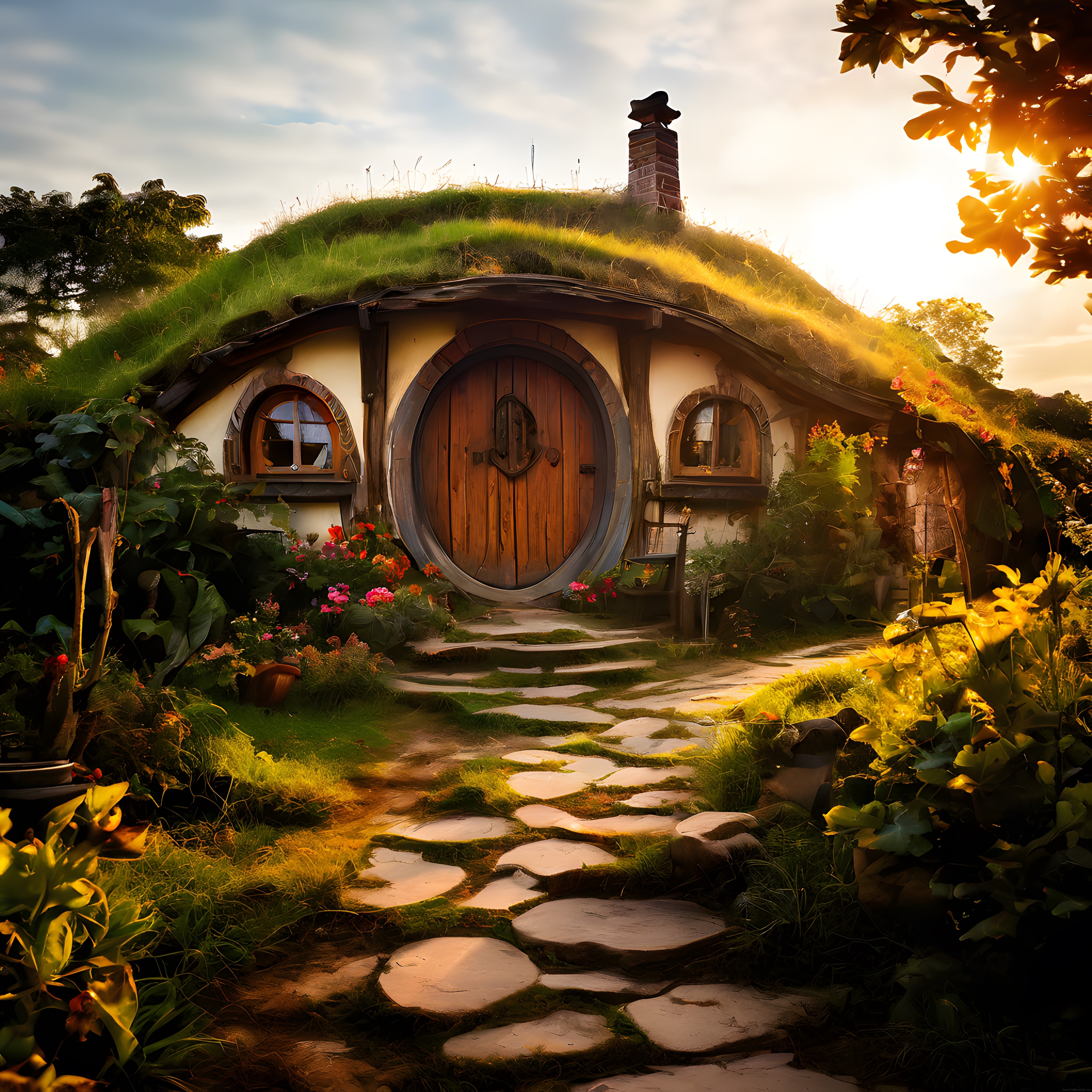 Altın Saatte Yeşil Çatılı Masalsı Hobbit Evi ve Taş Bahçe Yolu