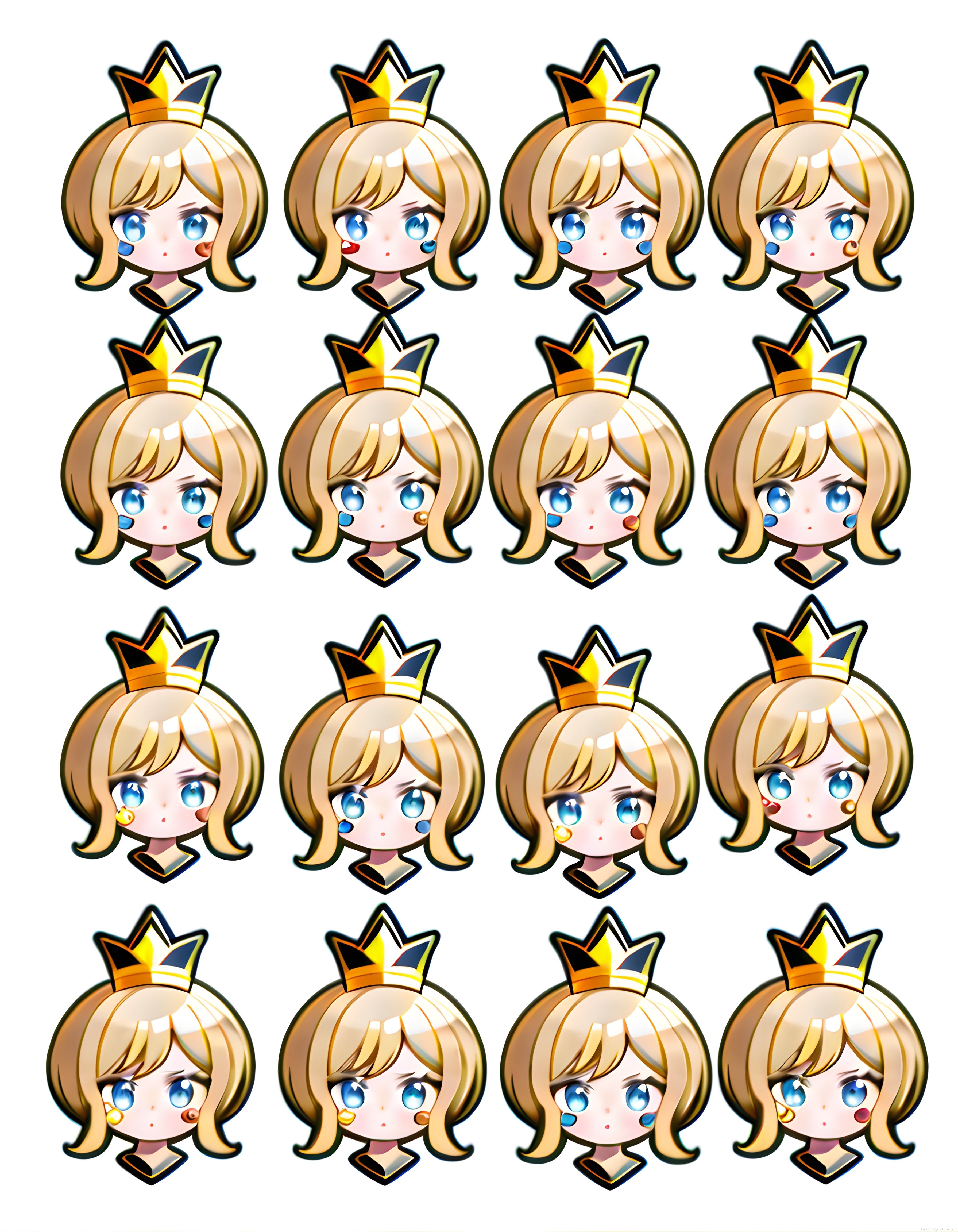 Altın saçlı chibi prensesin on altı duygu ifadesiyle anime karakter seti