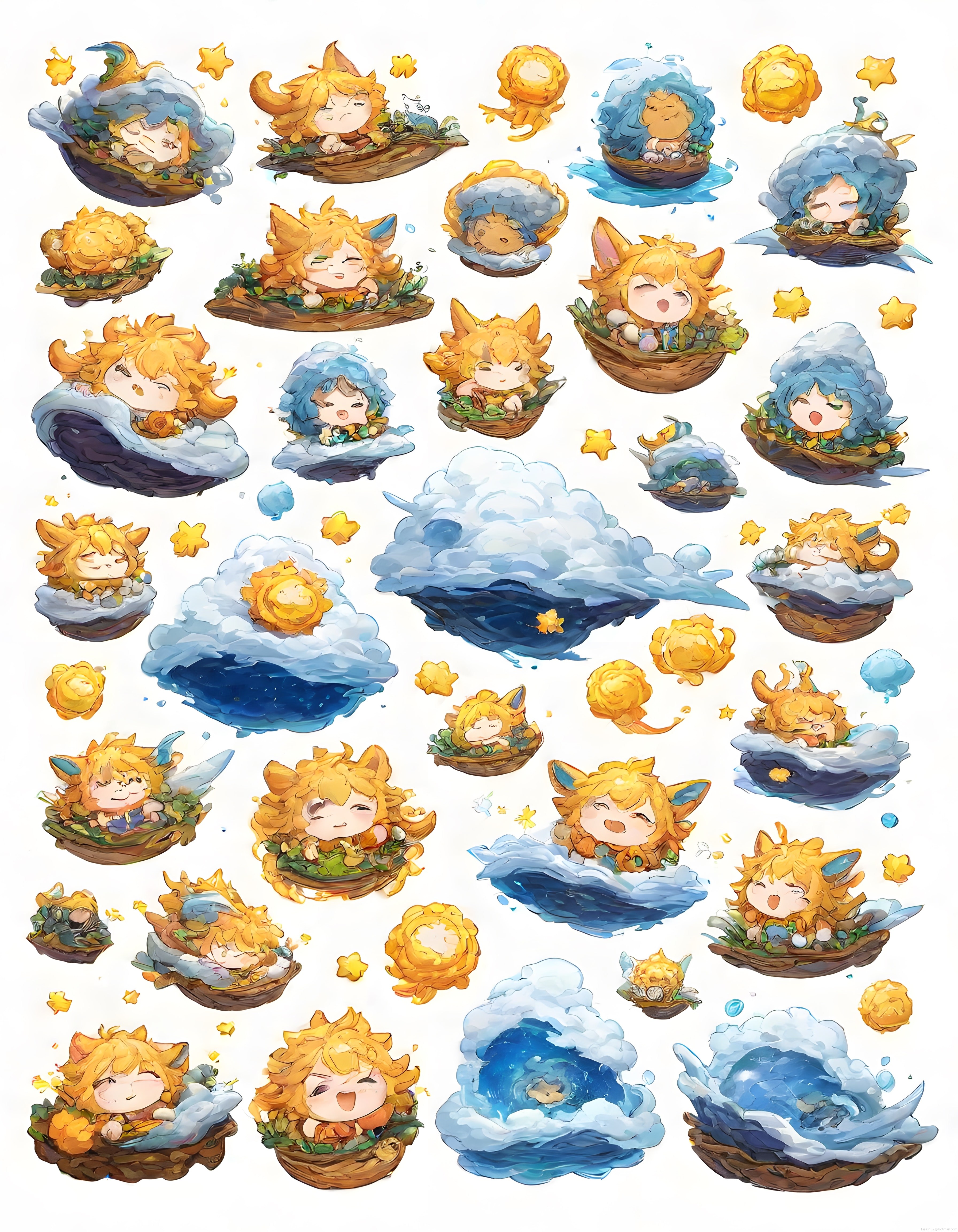 Altın Saçlı Sevimli Chibi Karakterler ve Fantastik Yaratık Stickerları