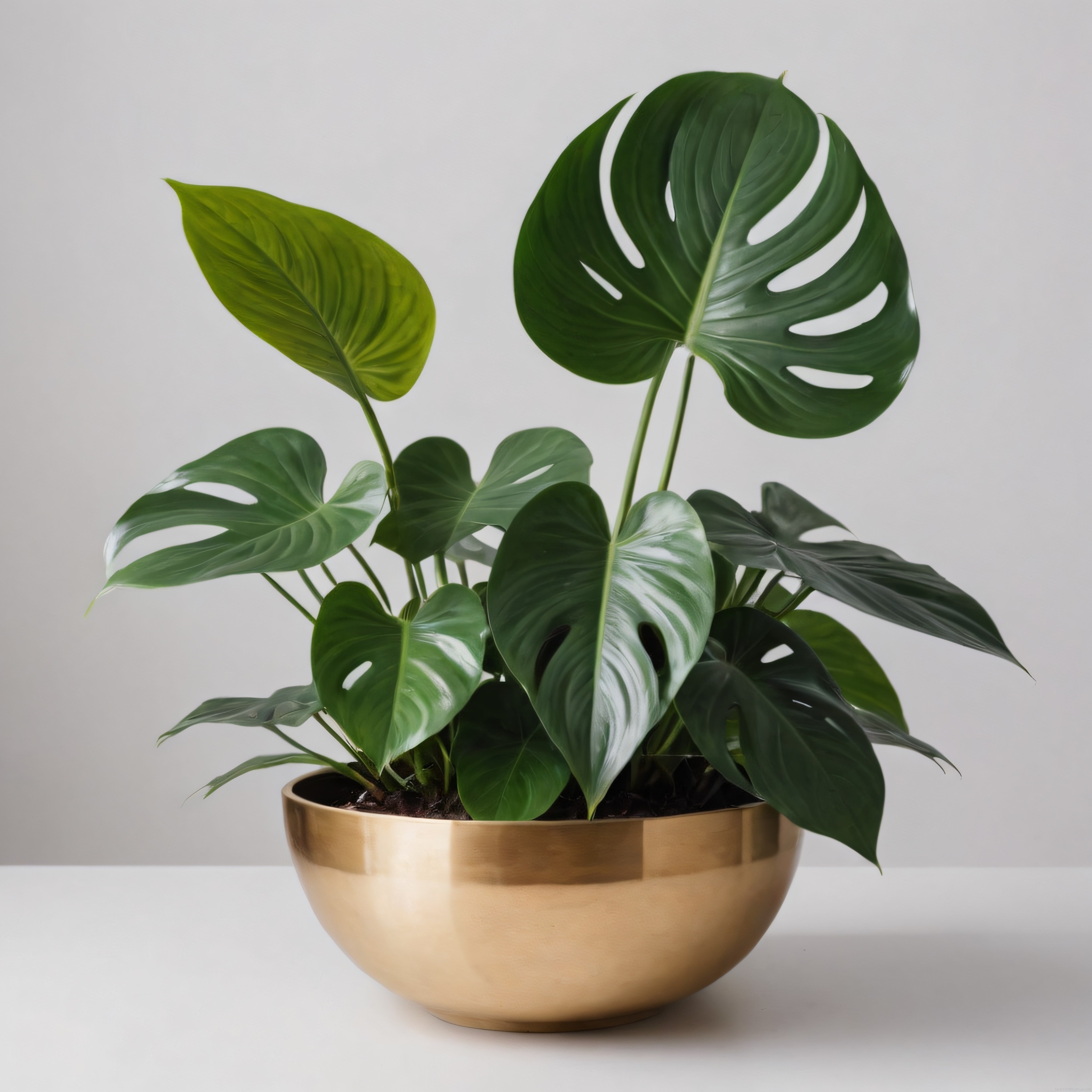 Altın saksıda canlı monstera bitkisi ve modern iç mekan dekorasyonu