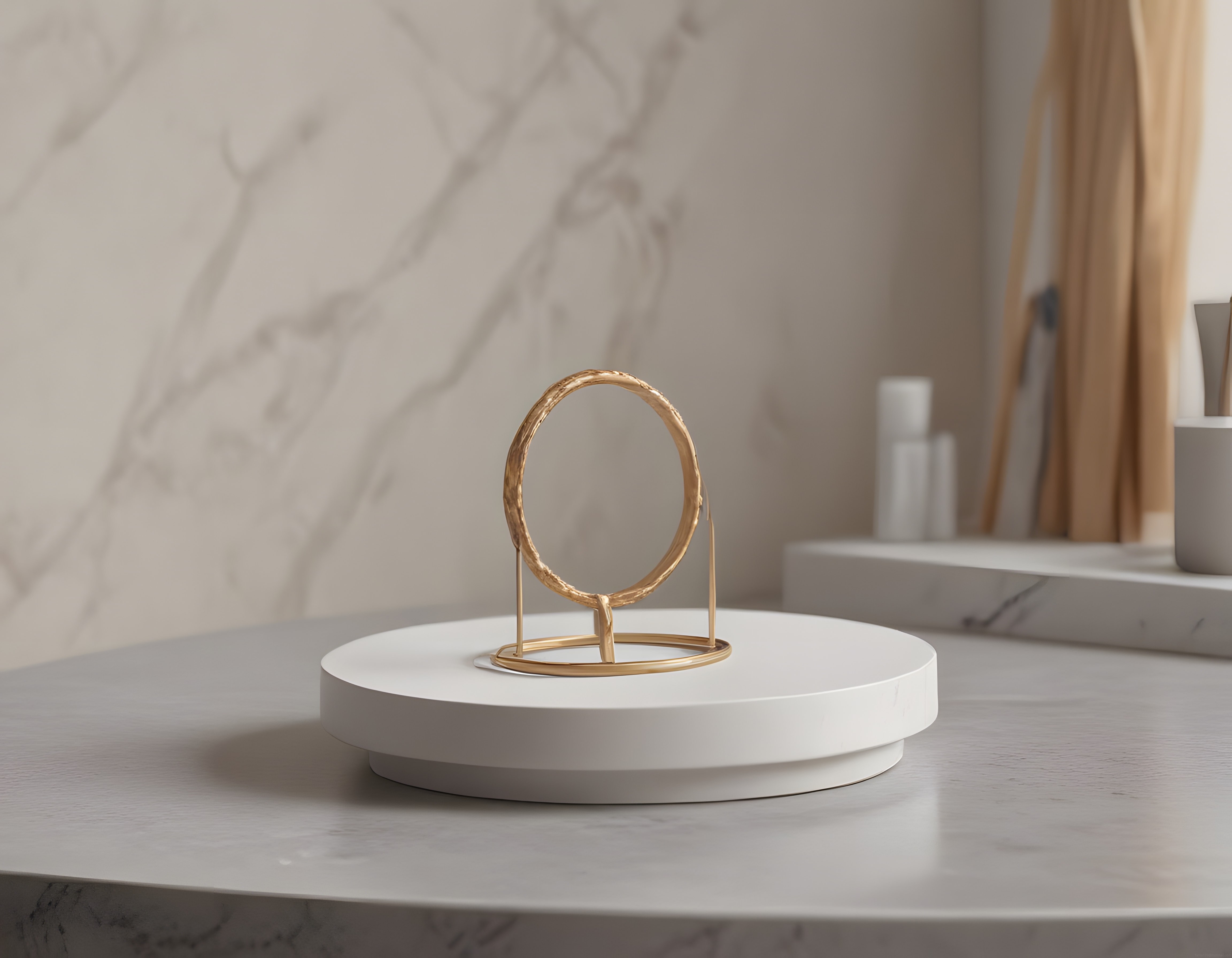 Altın Sanat Objesi ve Beyaz Podyum Üzerinde Minimalist Lüks Banyo Dekorasyonu