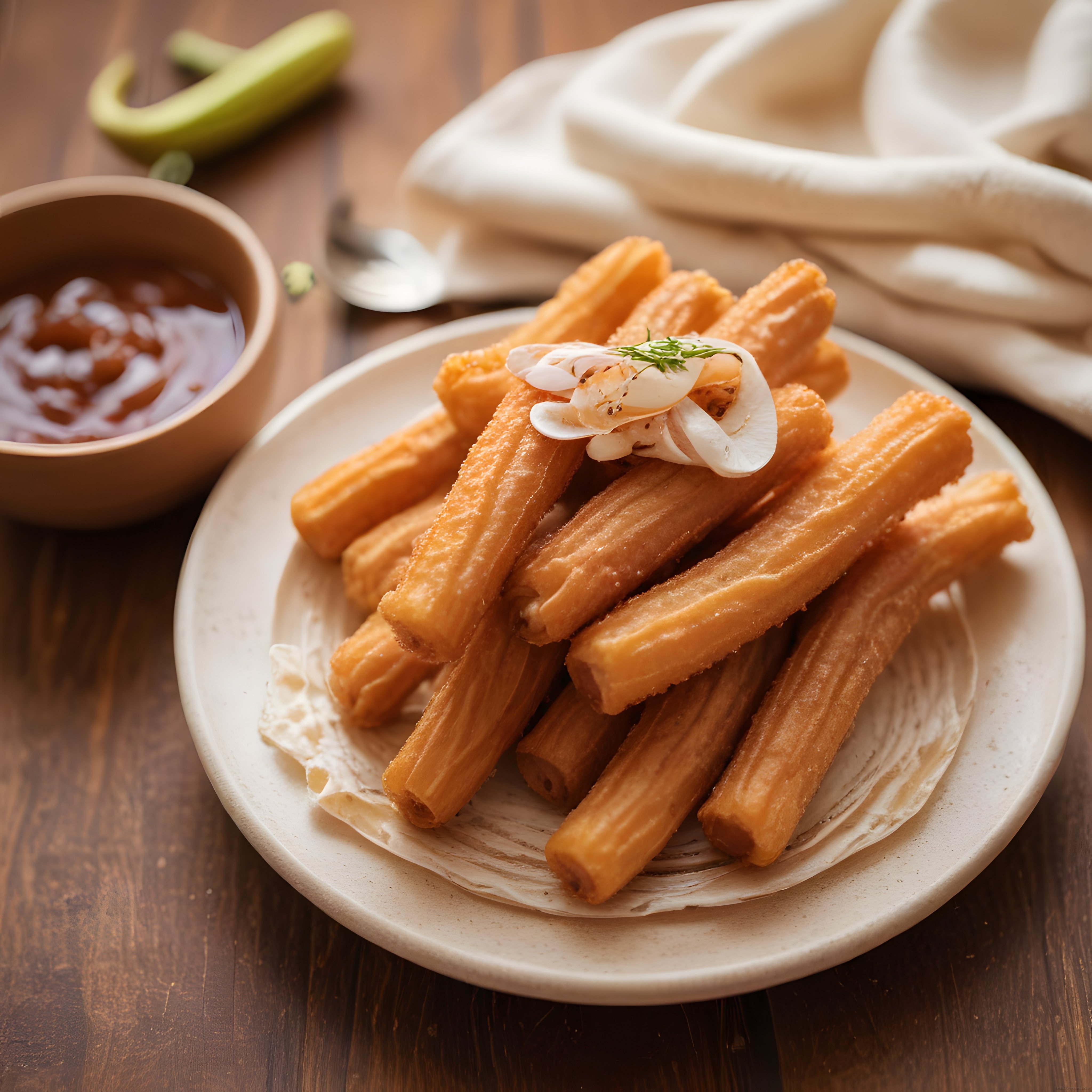 Altın sarısı çıtır churros tabağı, çikolata sos eşliğinde rustik ahşap sunum