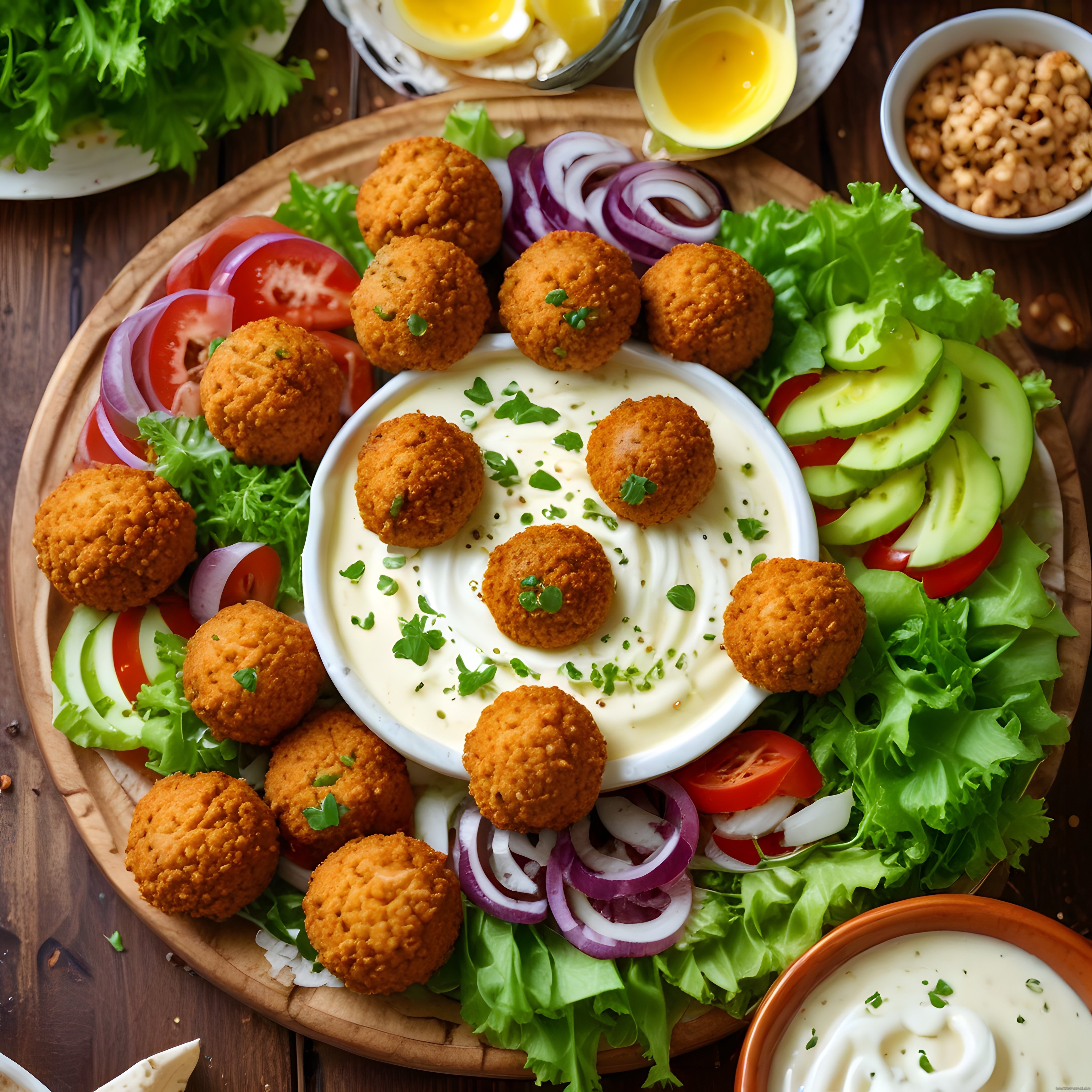 Altın sarısı falafel topları ve taze yeşilliklerle zengin ahşap sunum tahtası