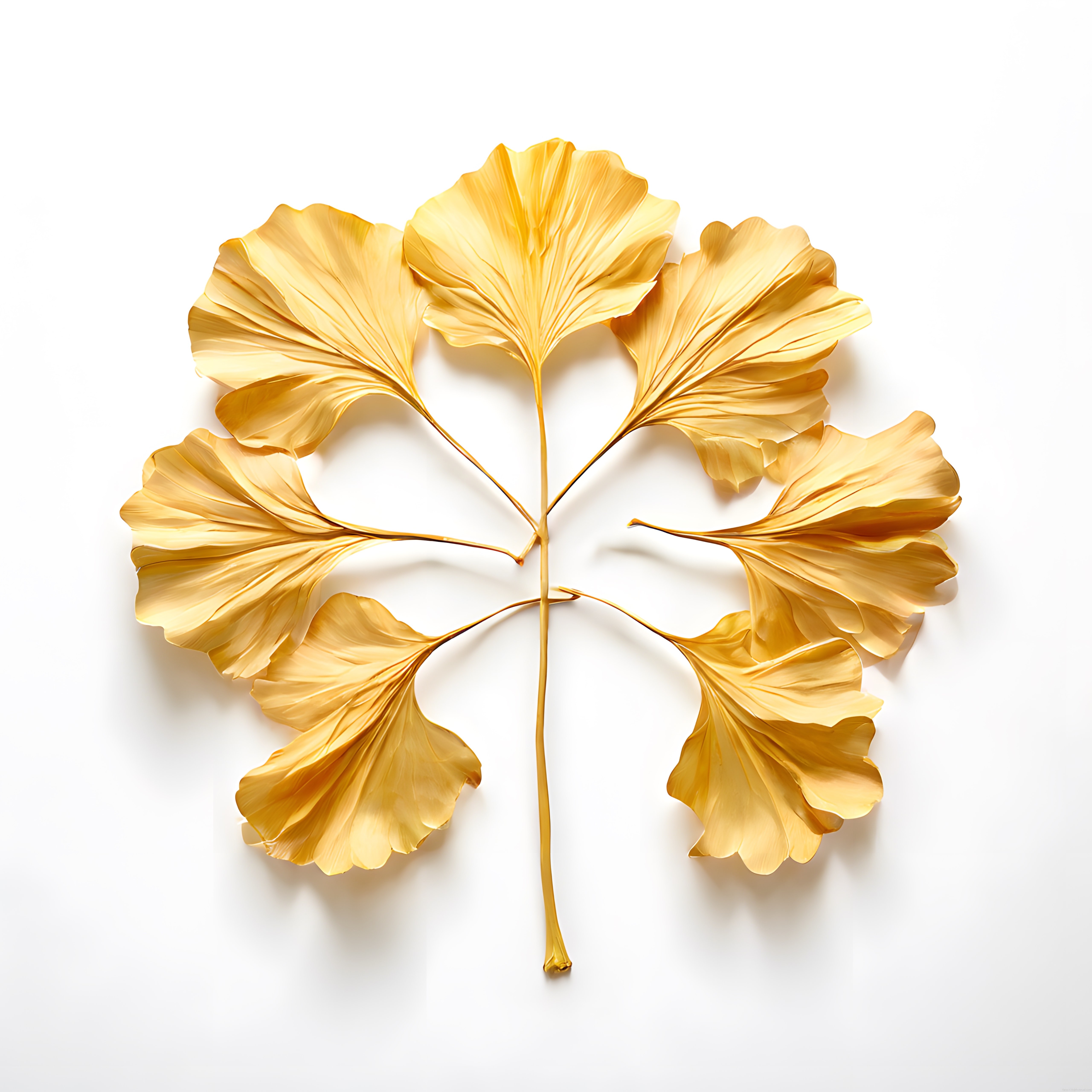 Altın sarısı ginkgo biloba yaprağı, beyaz arka planda sanatsal bitki detayı