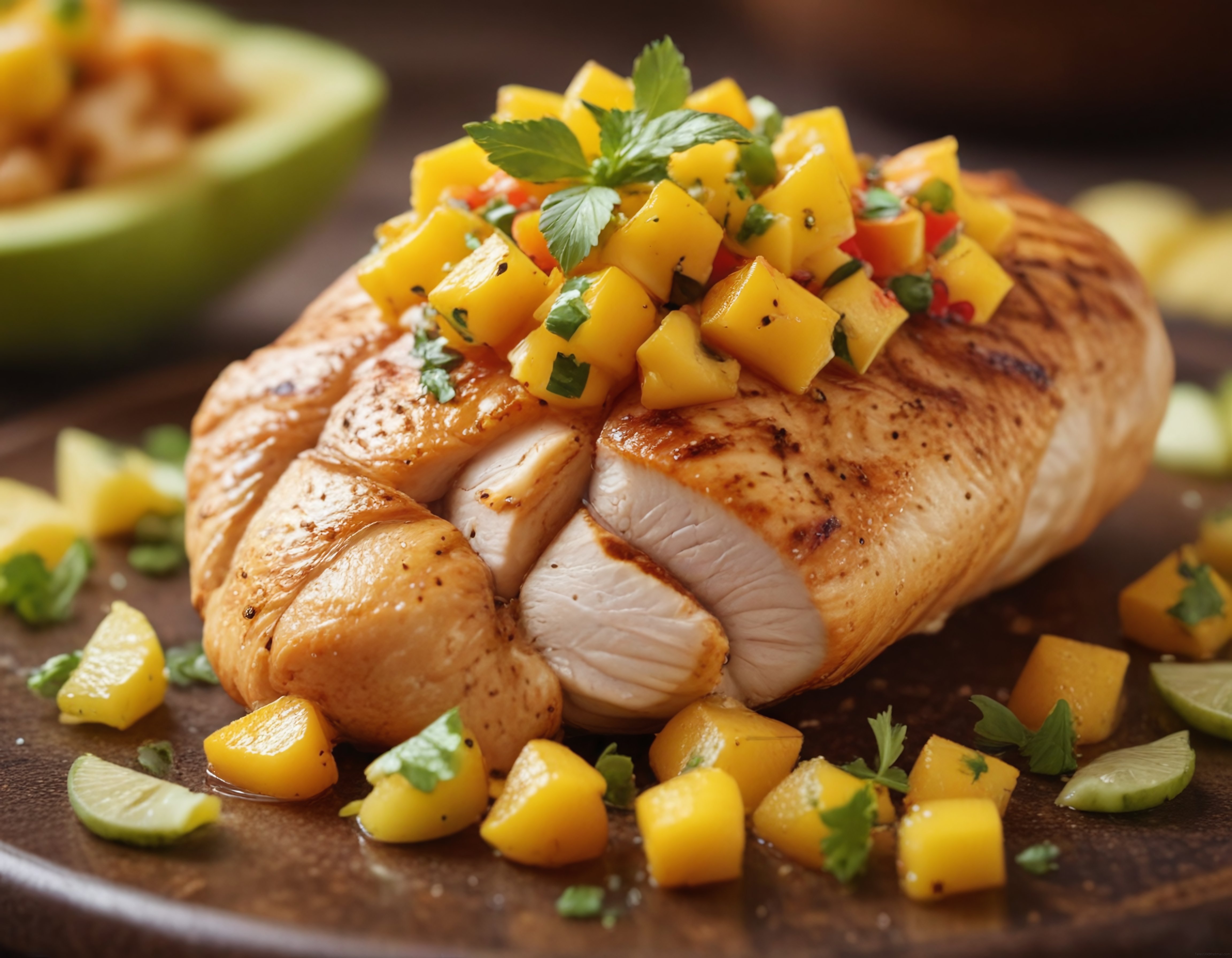 altın sarısı ızgara tavuk göğsü üzerinde nefis mango salsa ve taze kişniş