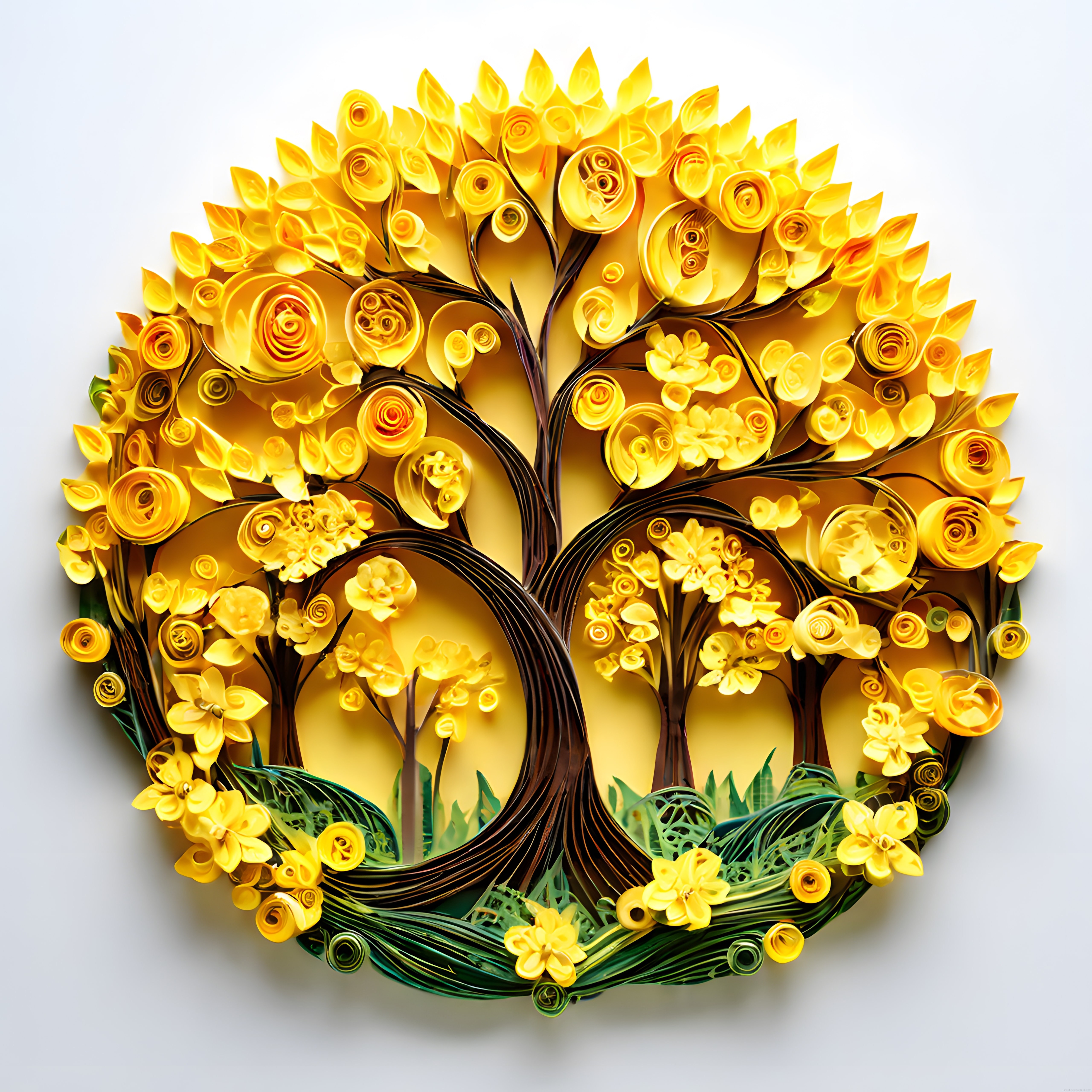 Altın Sarısı Quilling Kağıt Çiçeklerle Donatılmış Hayat Ağacı Duvar Sanatı