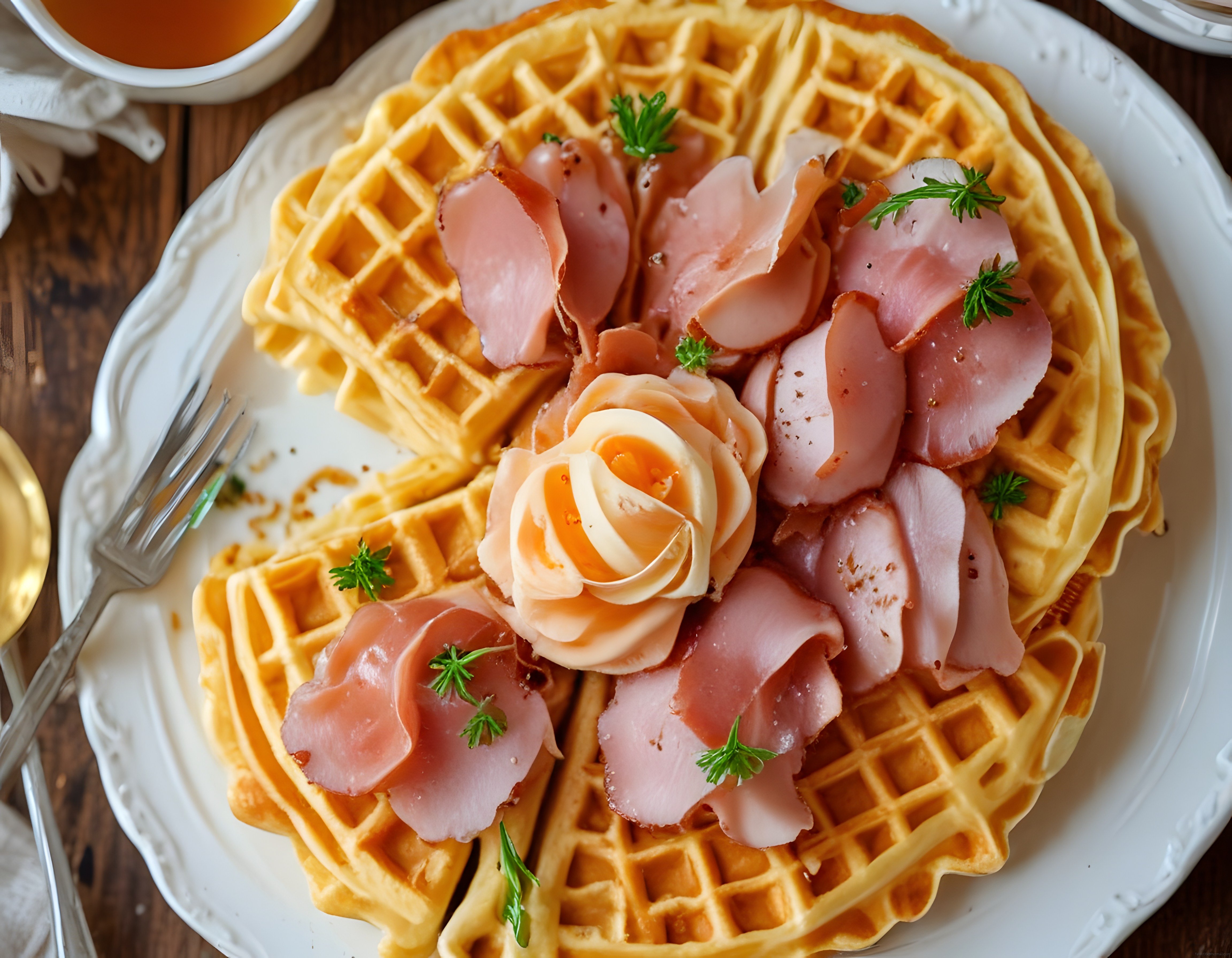 Altın Sarısı Waffle Üzerinde Jambon ve Gül Yumurtalı Kahvaltı