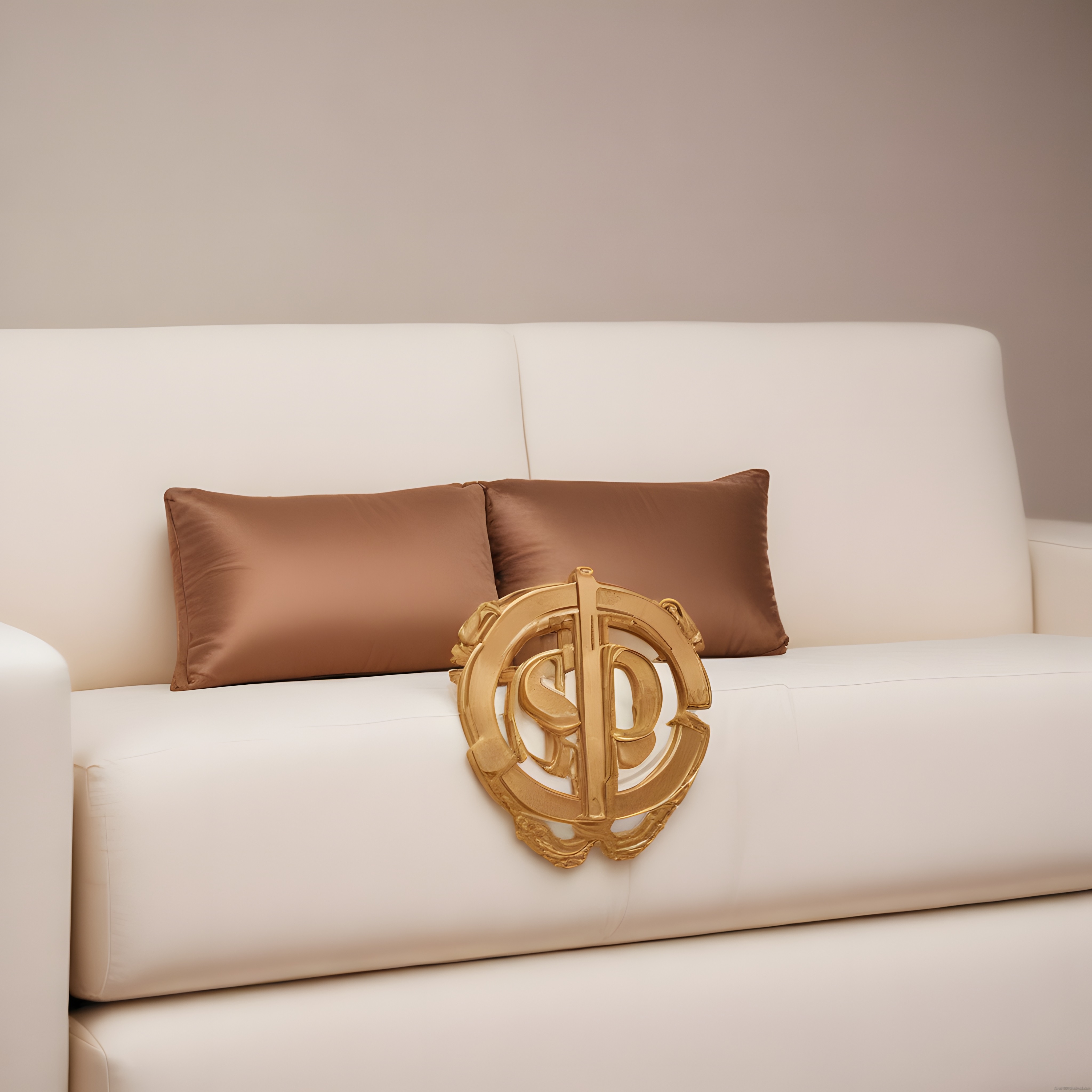 Altın SD Harfli Monogram ve Kahverengi Yastıklarla Süslenmiş Şık Beyaz Kanepe