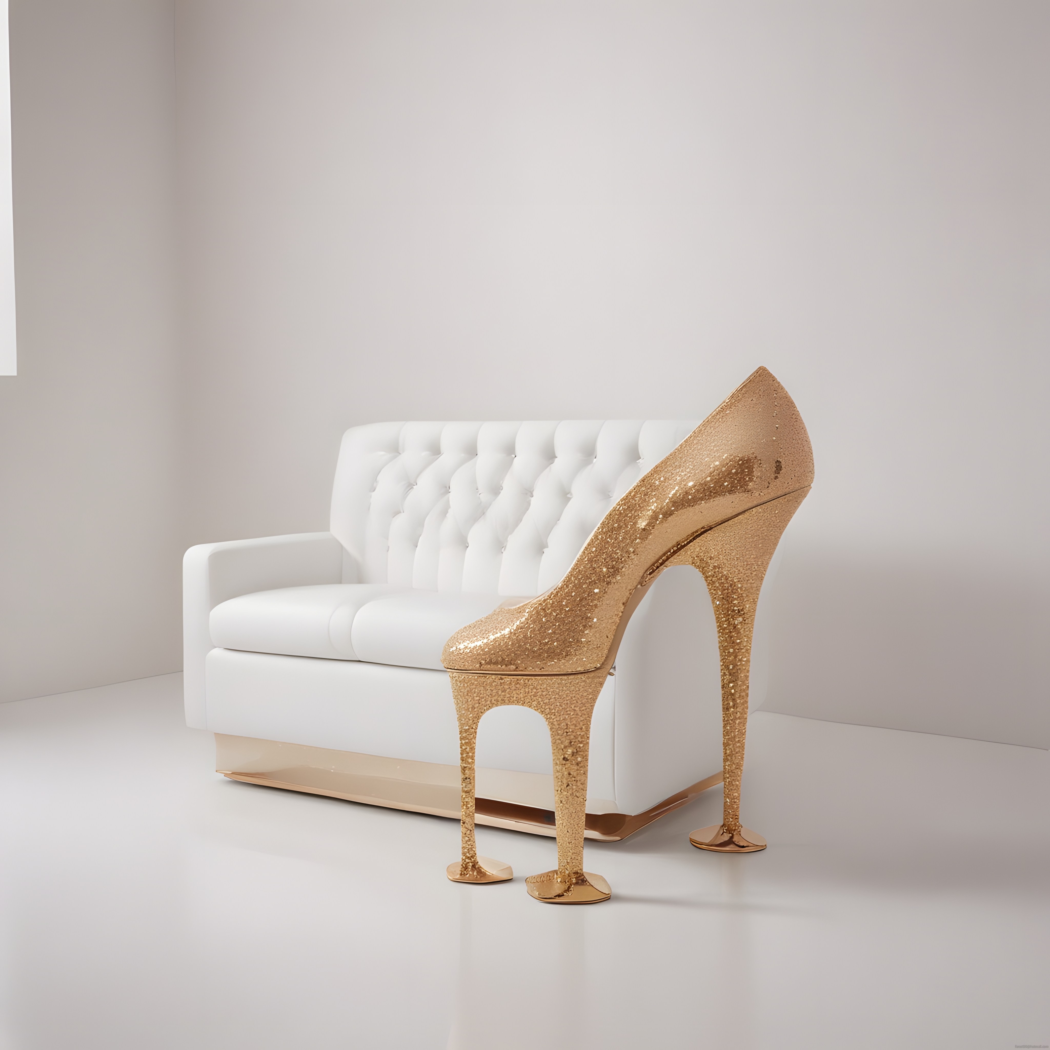 Altın Simli Stiletto Sandalye ve Beyaz Kanepe ile Lüks Dekorasyon