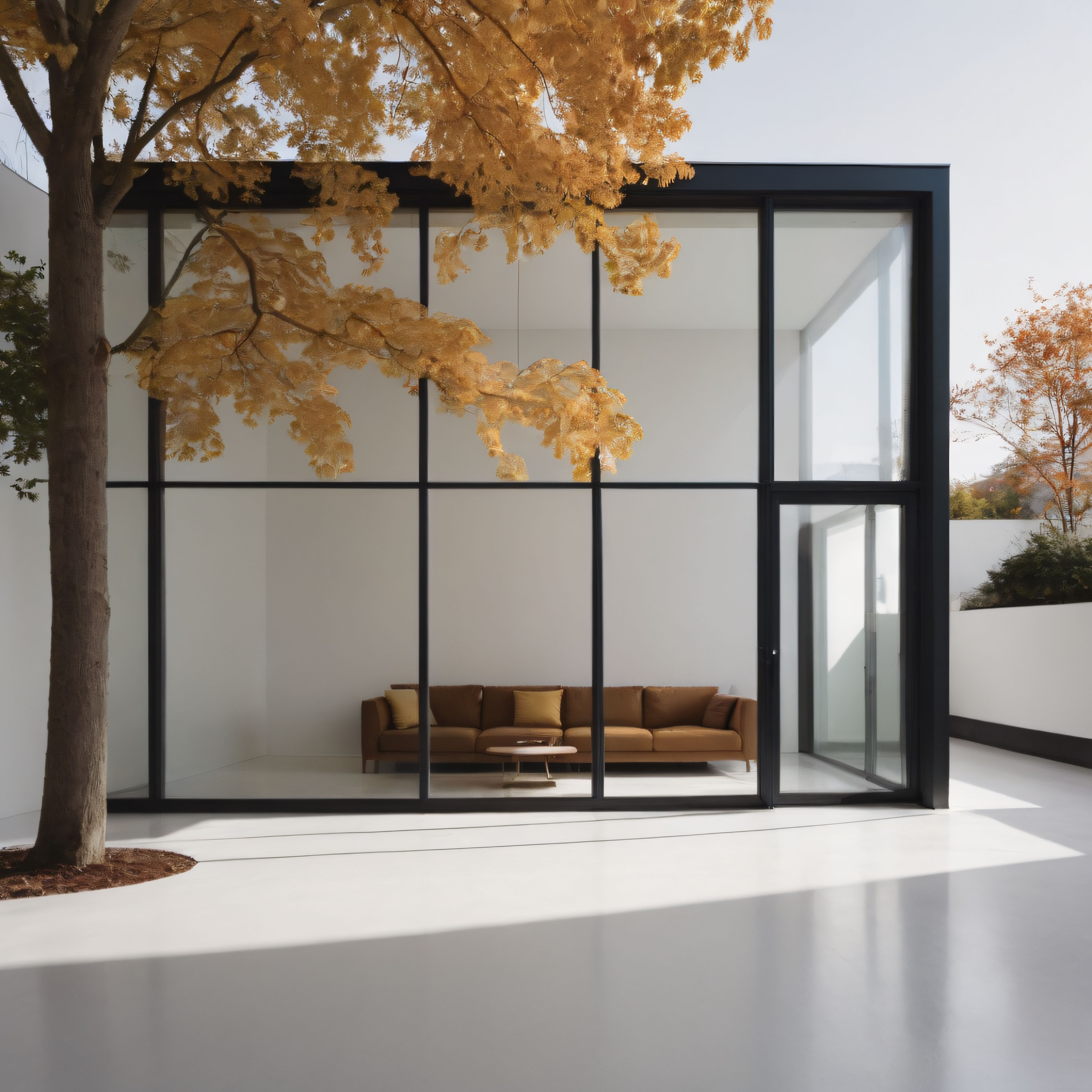 Altın Sonbahar Yapraklarıyla Çevrili Minimalist Cam Villa ve Modern Mimarisi