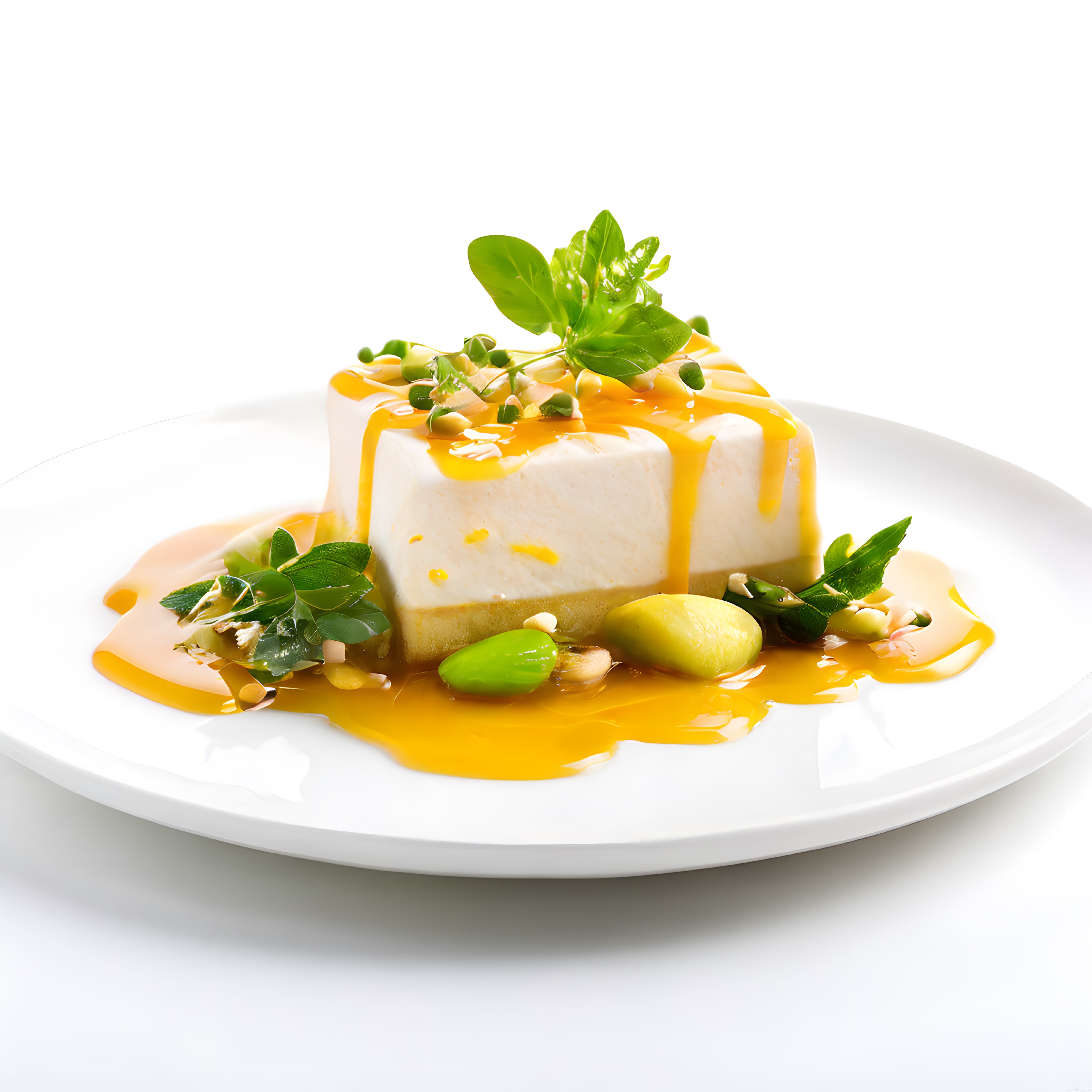 Altın Soslu ve Fındıklı Cheesecake: Beyaz Tabakta Şık Gurme Tatlı Sunumu