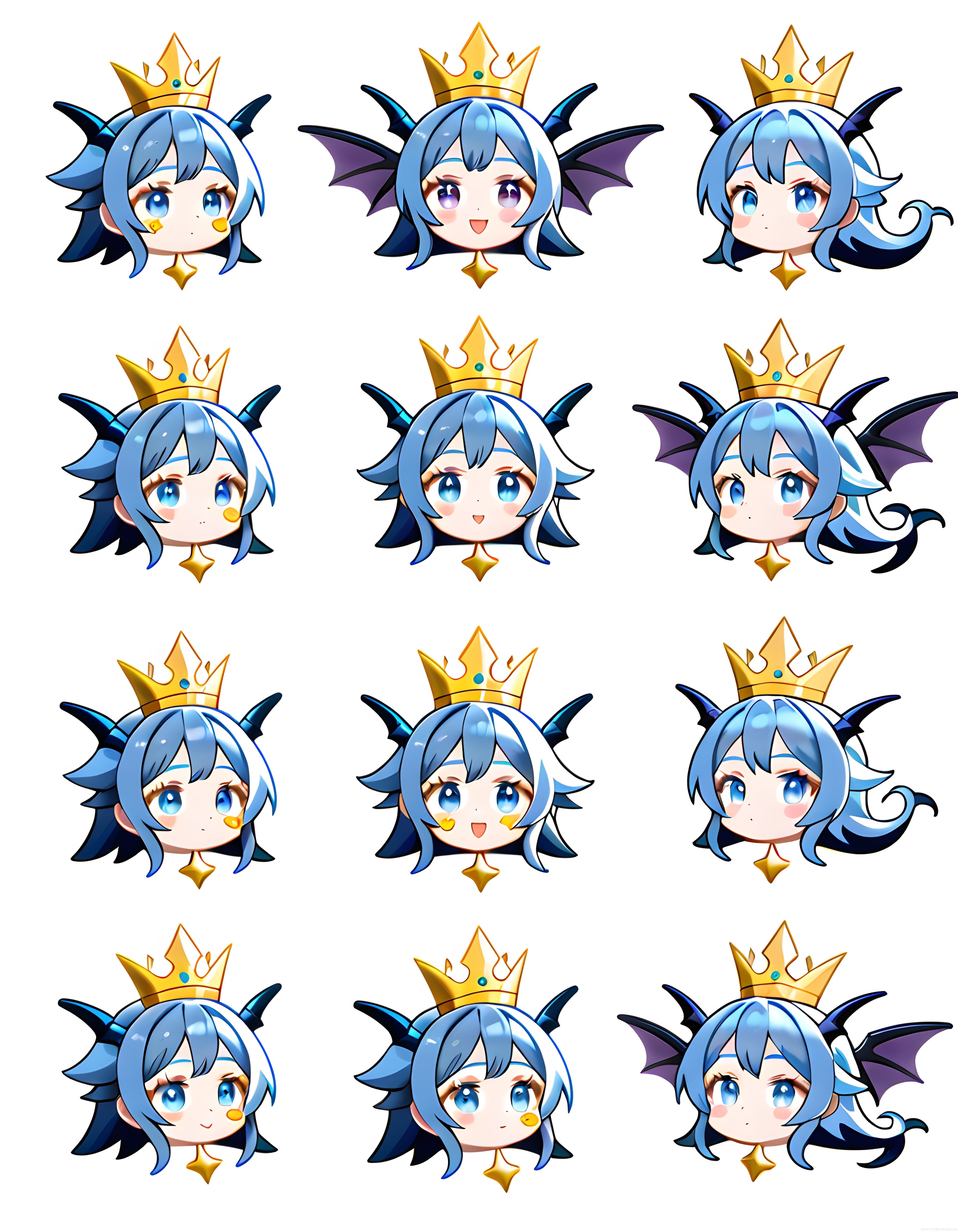 Altın Taçlı Mavi Saçlı Sevimli Chibi Anime Karakter Avatar Seti