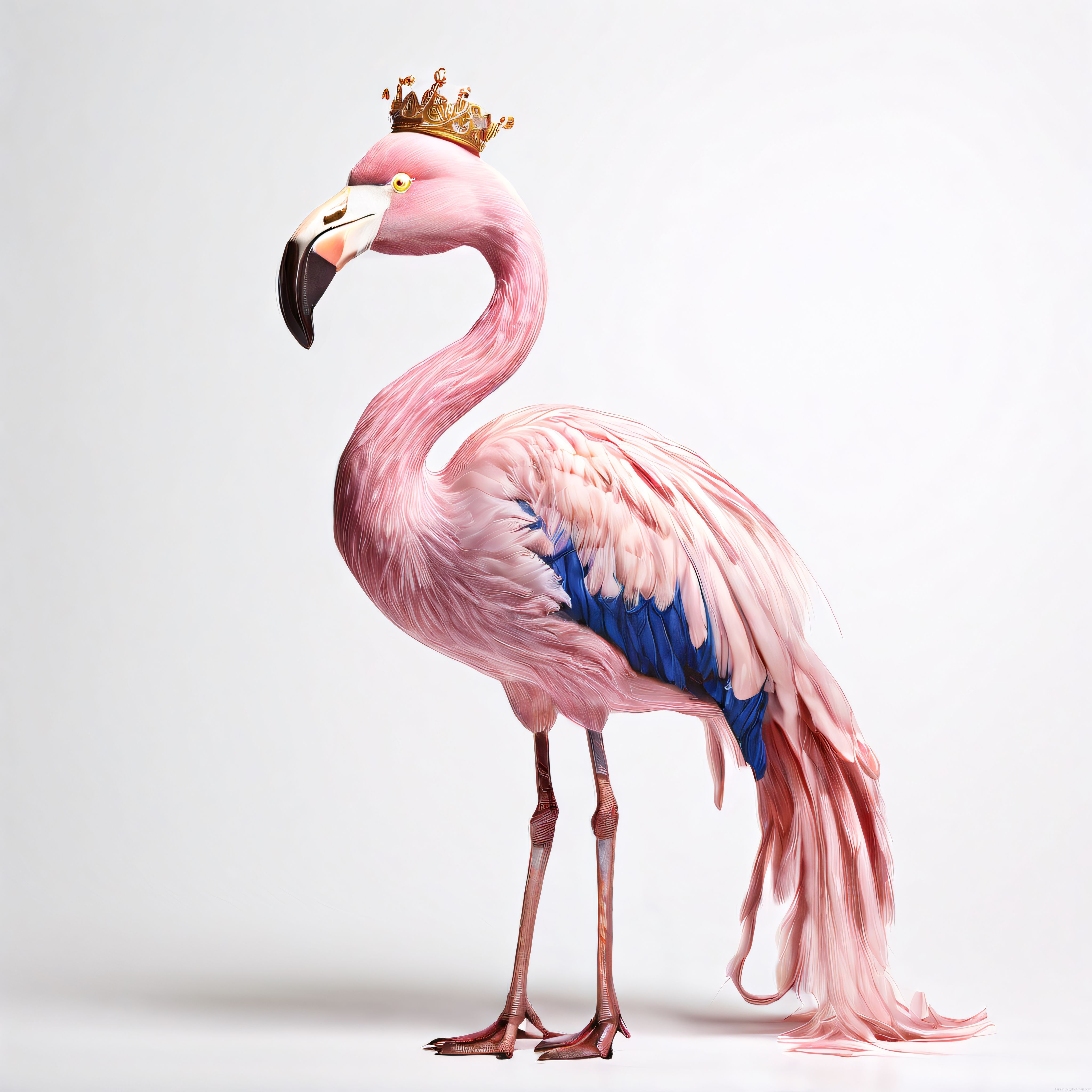 Altın taçlı pembe flamingo beyaz stüdyoda sanatsal kuş portresi