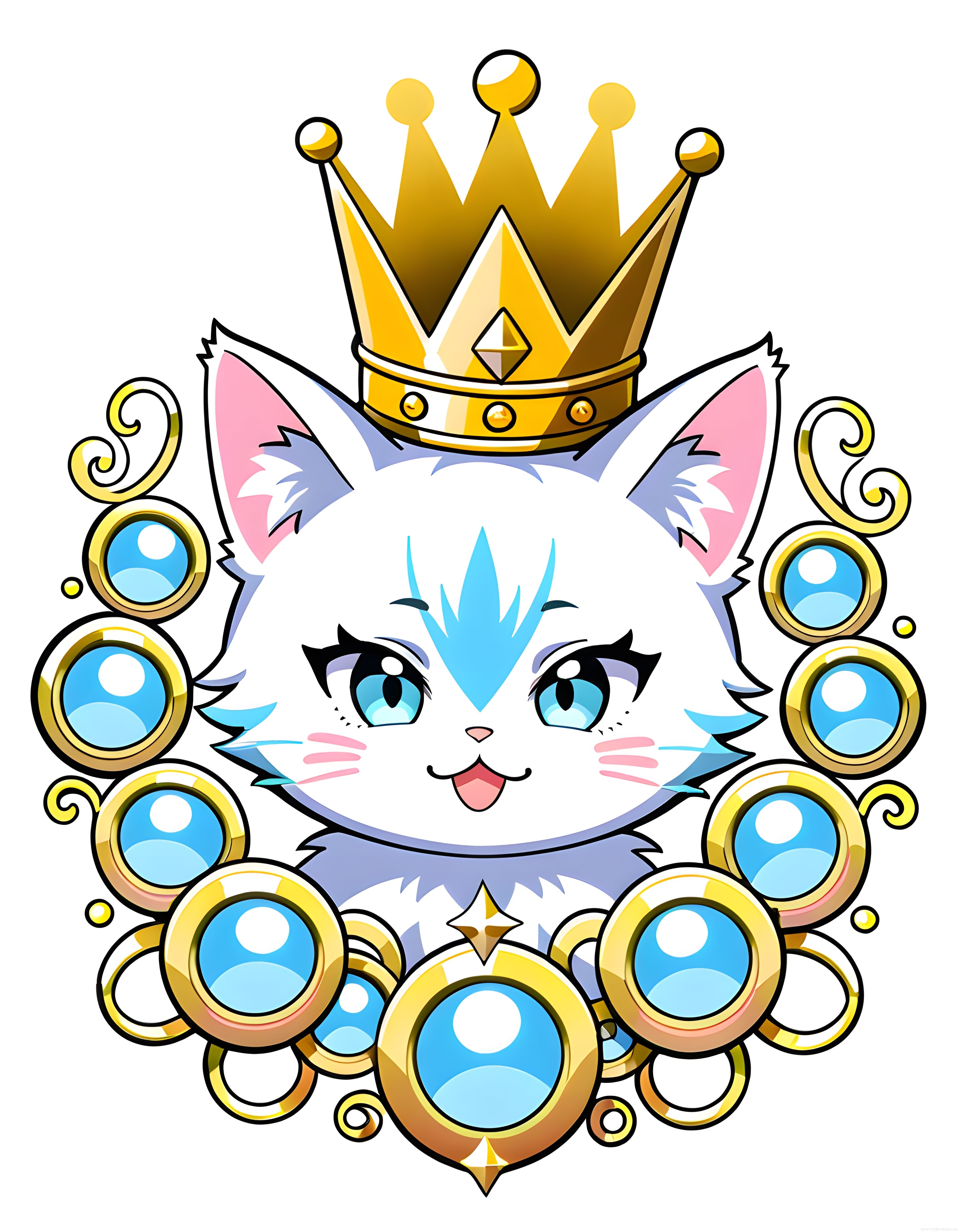 Altın taçlı ve mücevherli sevimli anime kedi karakteri illüstrasyon
