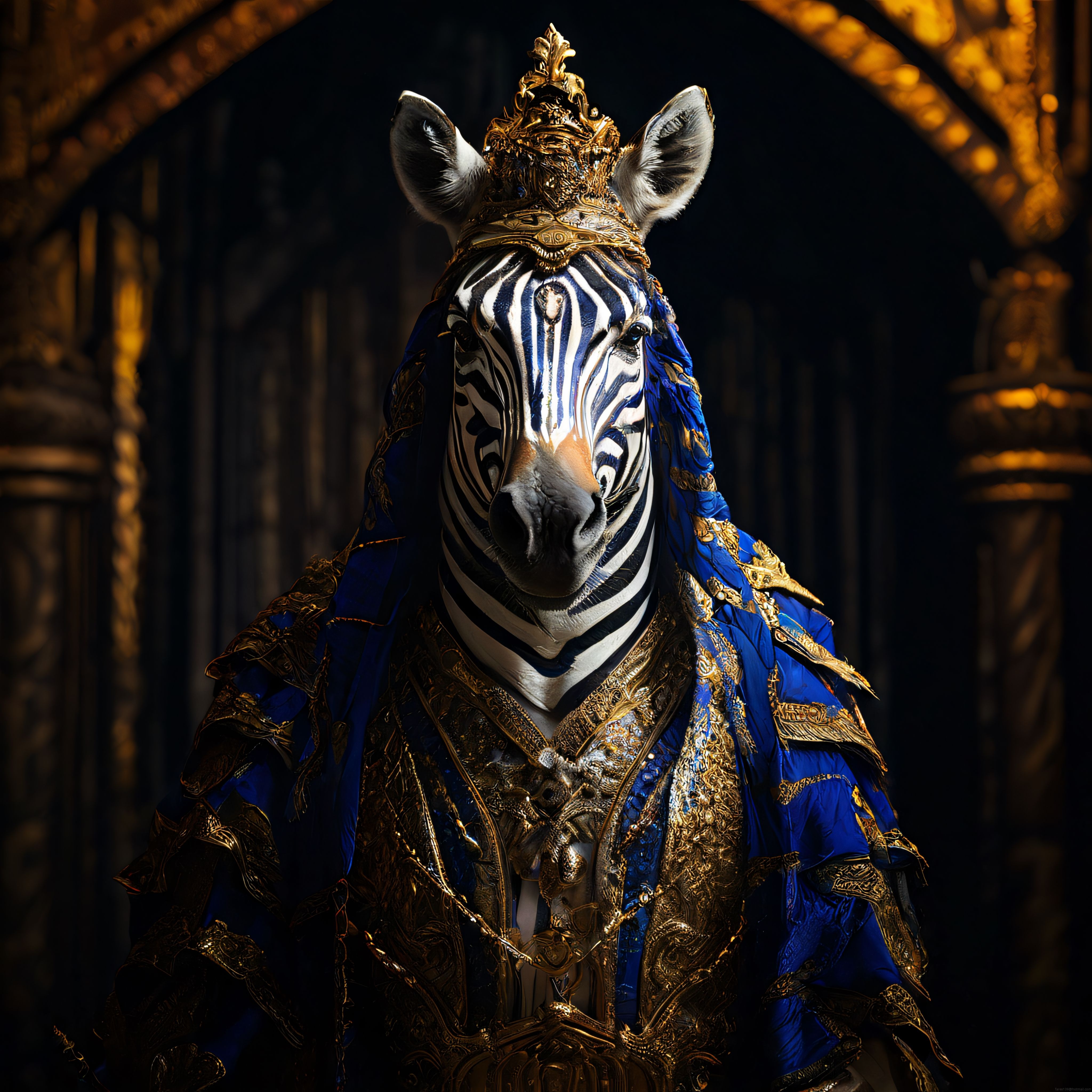Altın taclı zebra, gotik katedralde kraliyet kıyafetleriyle muhteşem dijital sanat portresi