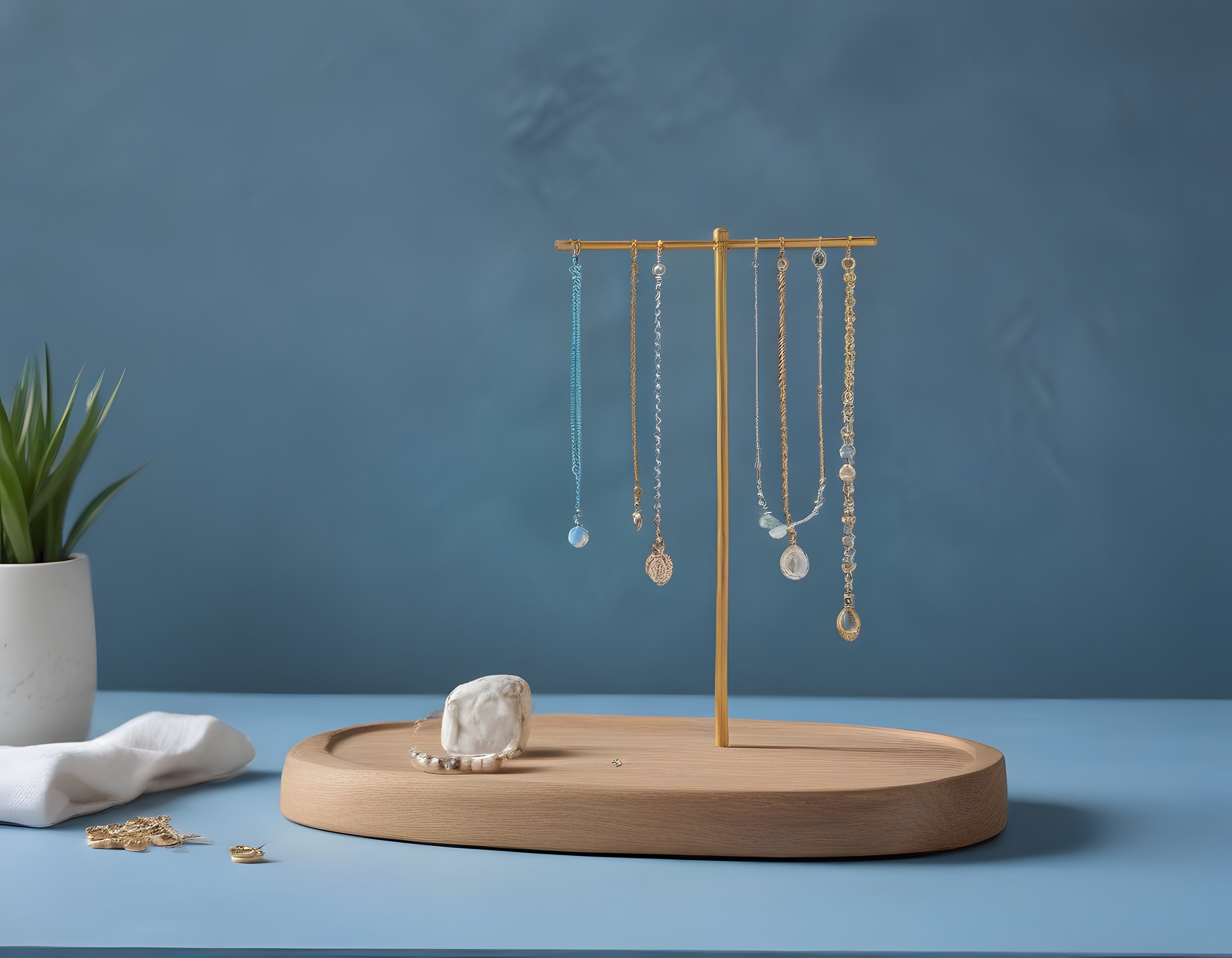 Altın Takı Standında Zincir Kolyeler ve Minimalist Mavi Dekorasyon