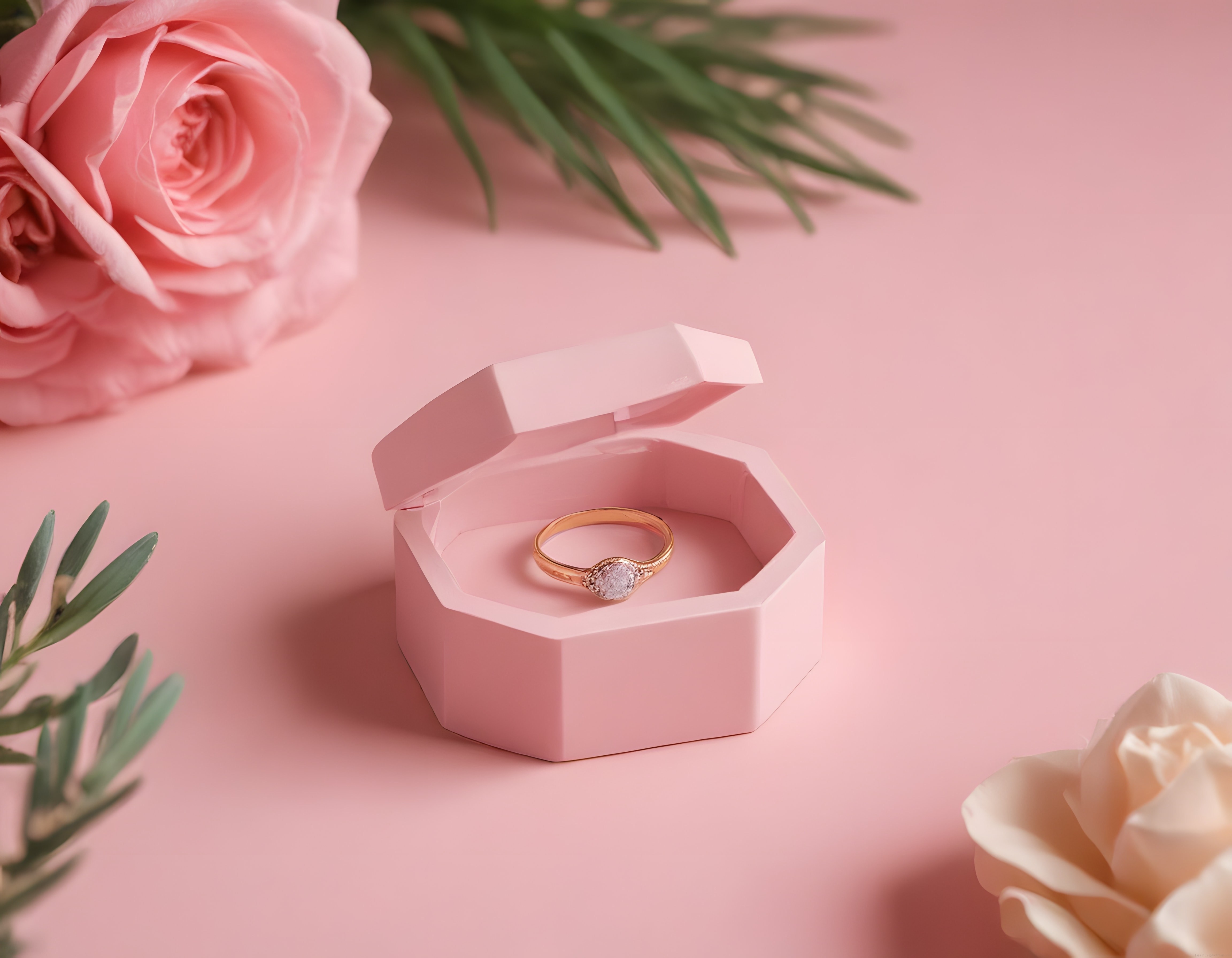 Altın Tek Taş Yüzük ve Pembe Güllerle Romantik Nişan Konsepti