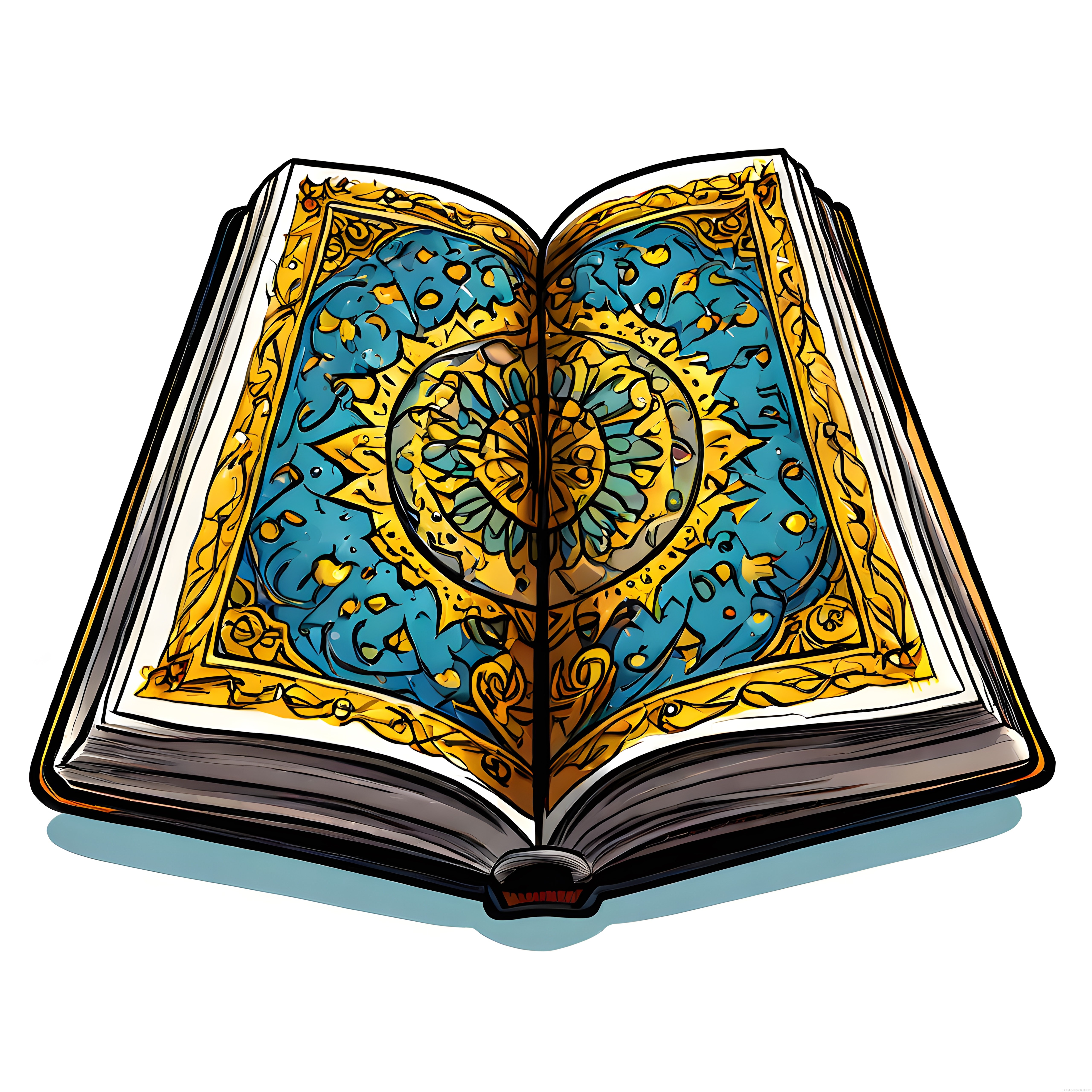 Altın ve Turkuaz Renklerde Geleneksel Desenlerle Süslenmiş Açık Kitap Çizimi
