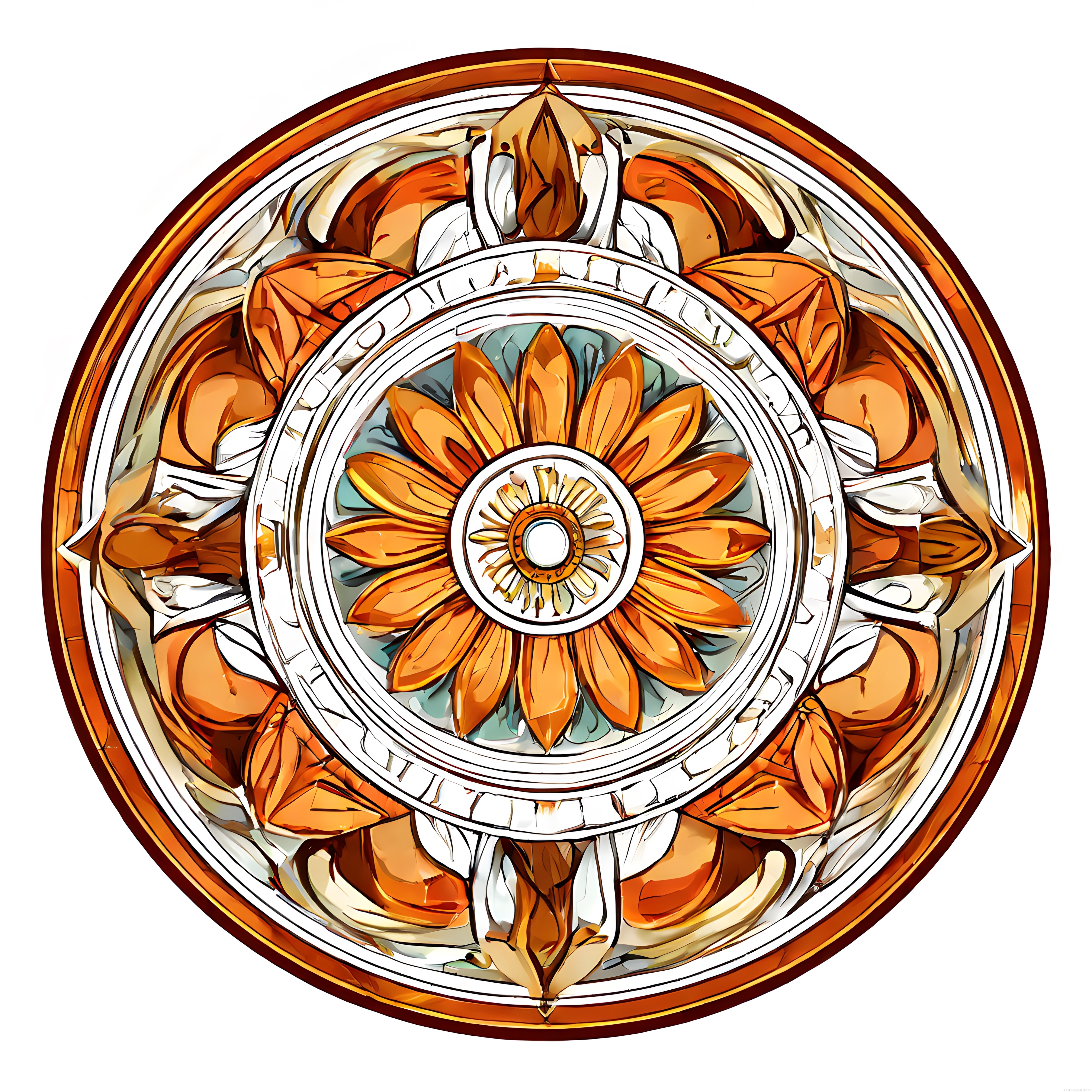 Altın ve Turuncu Tonlarında Mandala Deseni: Simetrik Dijital Sanat Çiçek Motifi