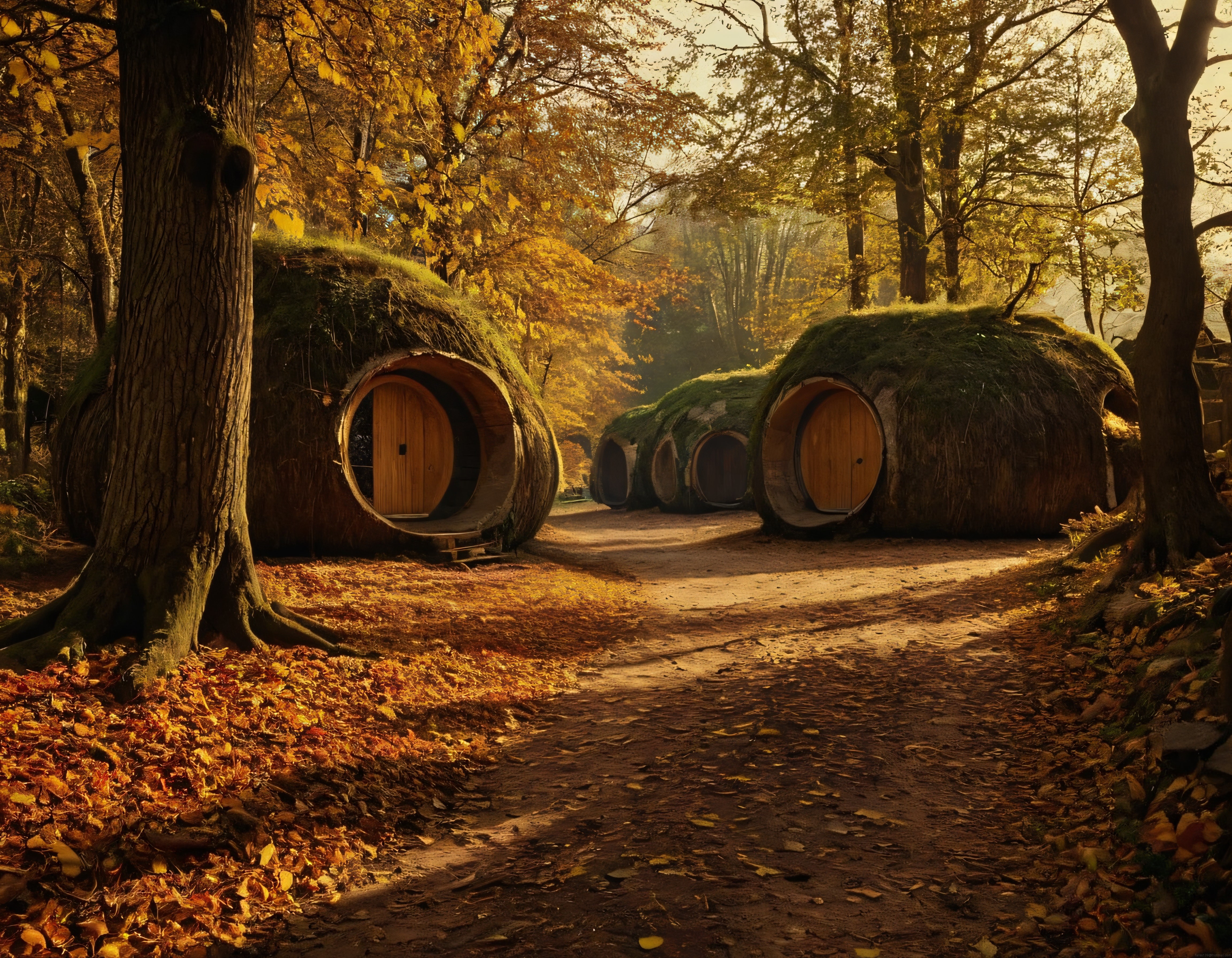 Altın Yapraklarla Kaplı Ormanda Büyülü Hobbit Evleri ve Patika