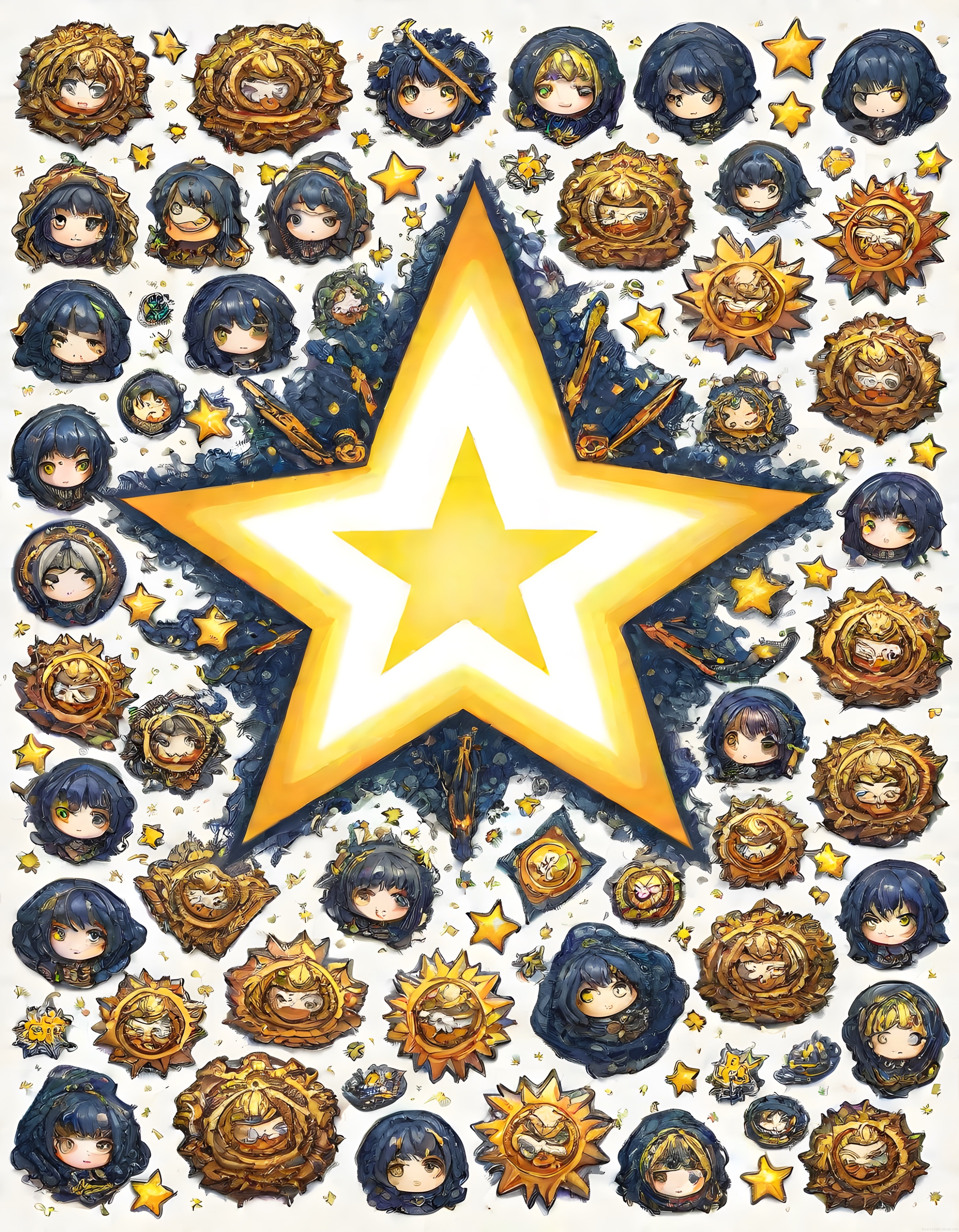 Altın Yıldız Merkezinde Süslü Anime ve Chibi Karakterlerle Dijital Sanat Koleksiyonu