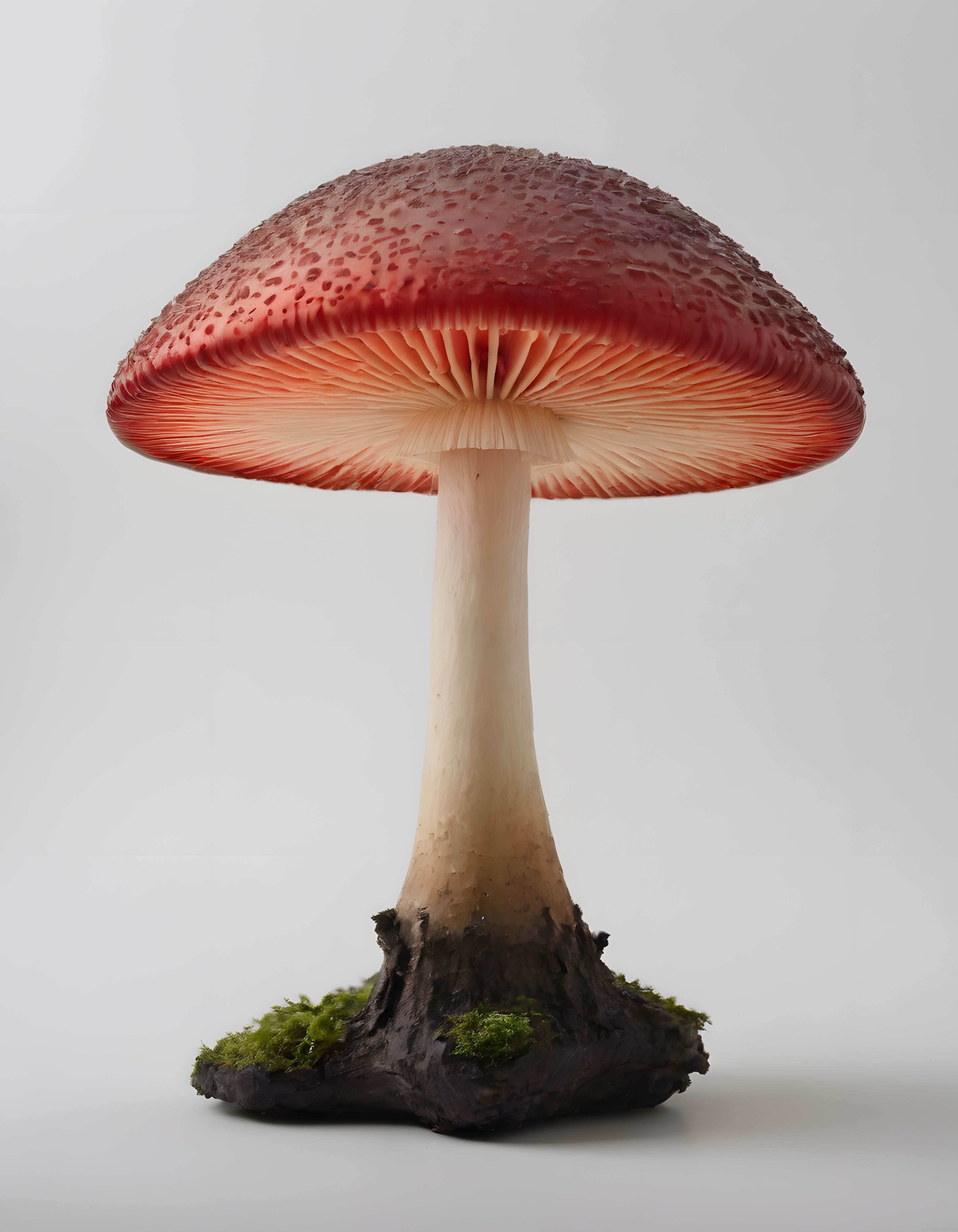 Amanita Muscaria: Beyaz Arka Planda Büyük Kırmızı Mantar ve Yosun Tabanı