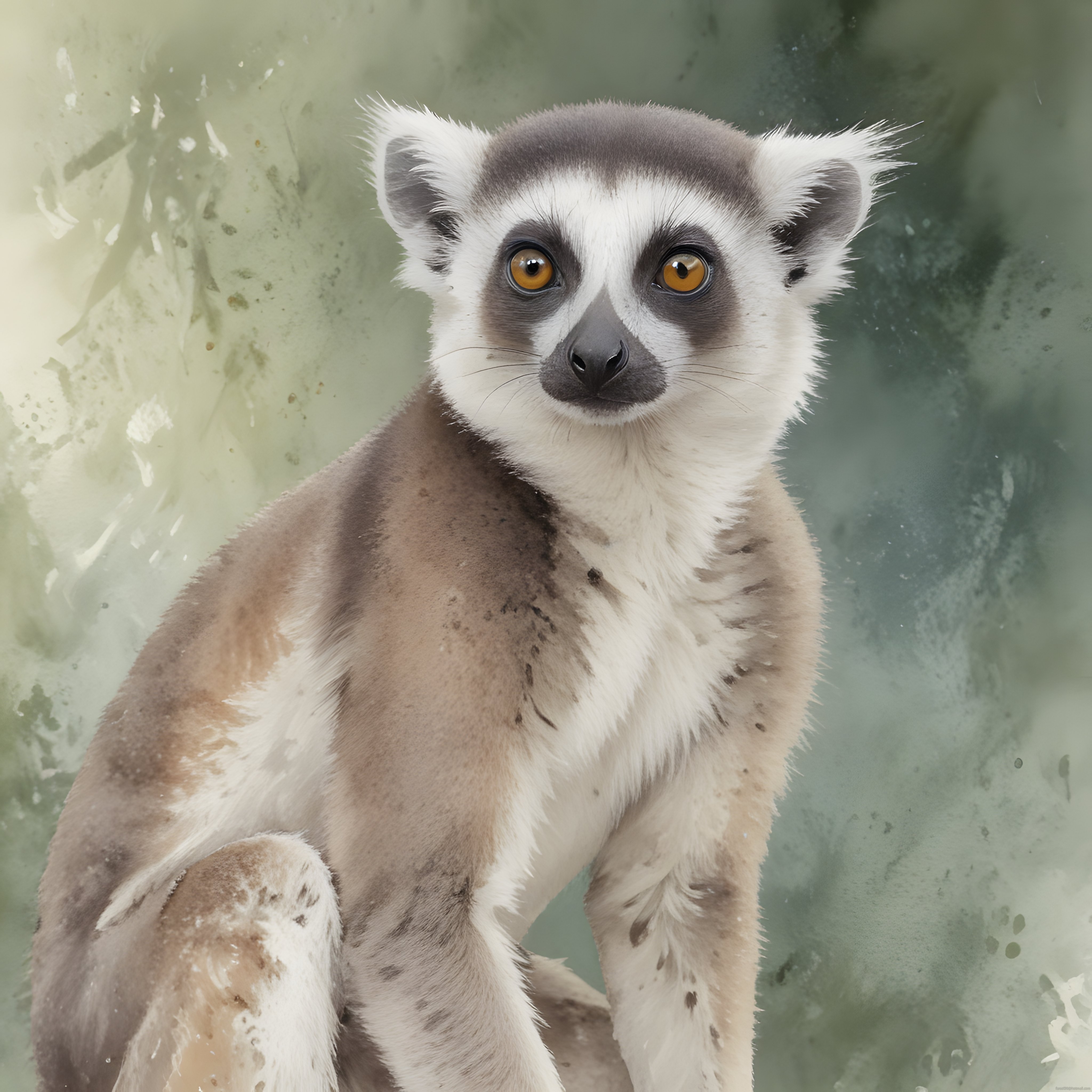 Amber gözlü lemurun sanatsal suluboya portresi, orman hayvanı detayı