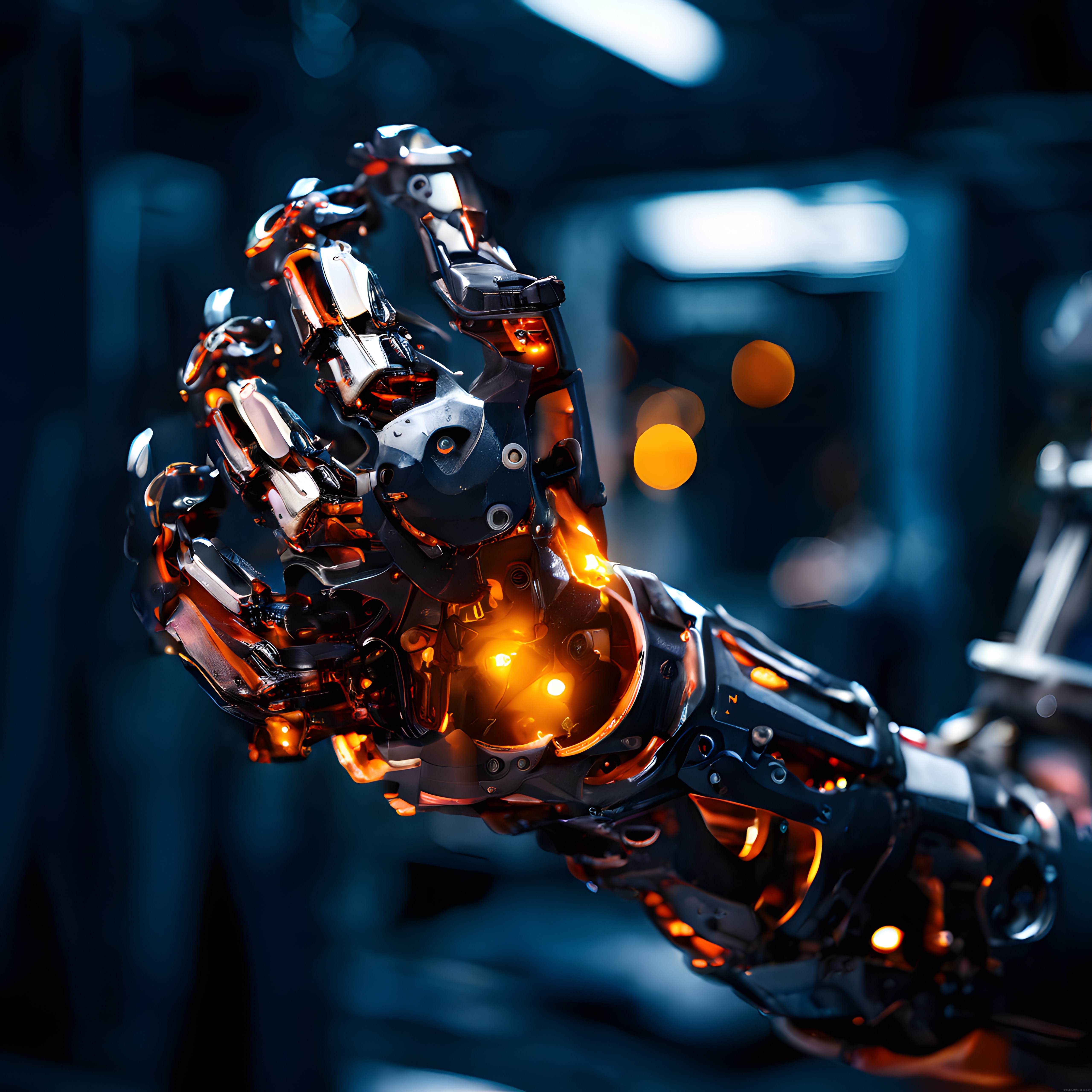 Amber Işıklı Cyberpunk Robot Kol: Fütüristik Mekanik Tasarım Örneği