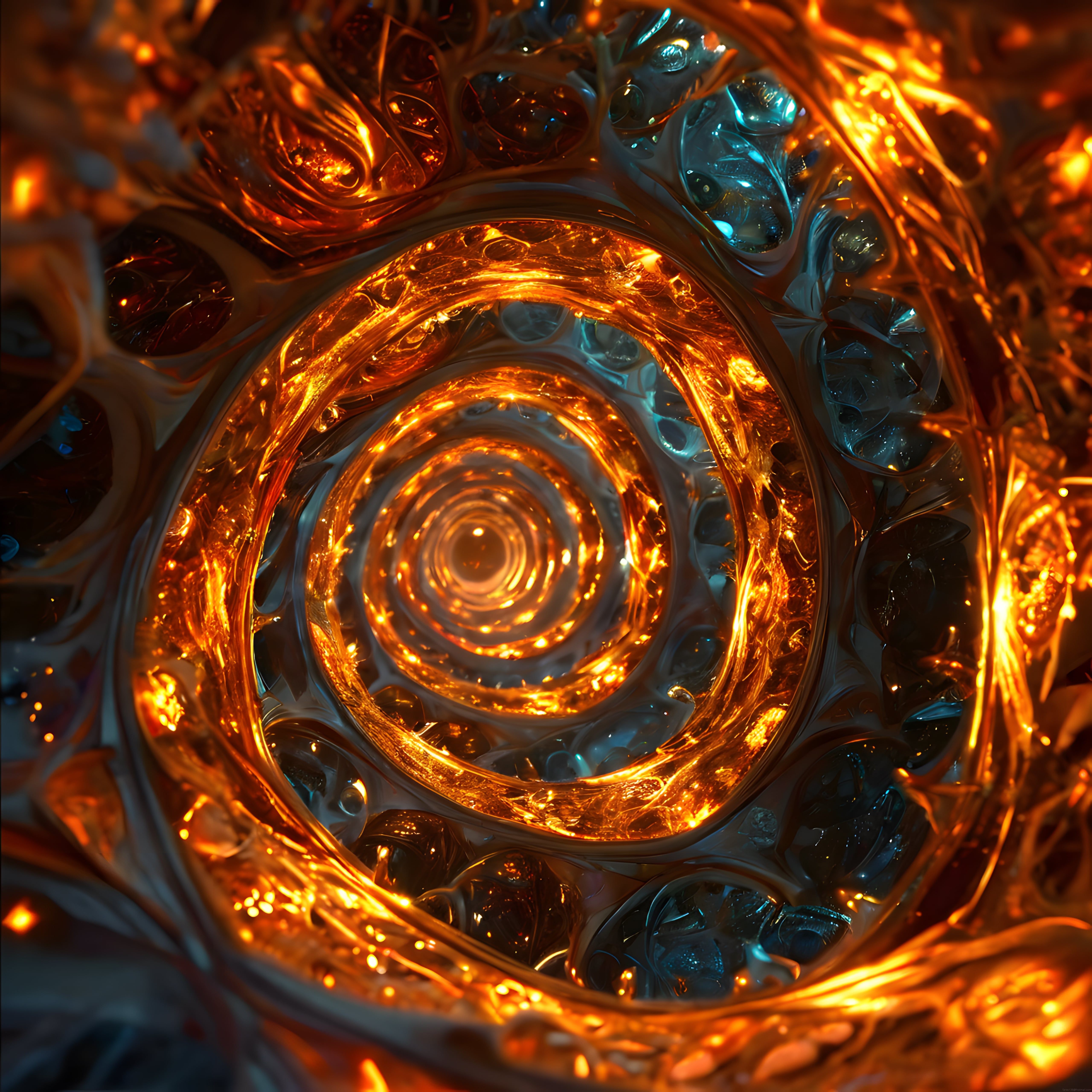 Amber Işıklı Dijital Sanat Spiral: Cam ve Alevin Bütünleştiği Fantastik Evren