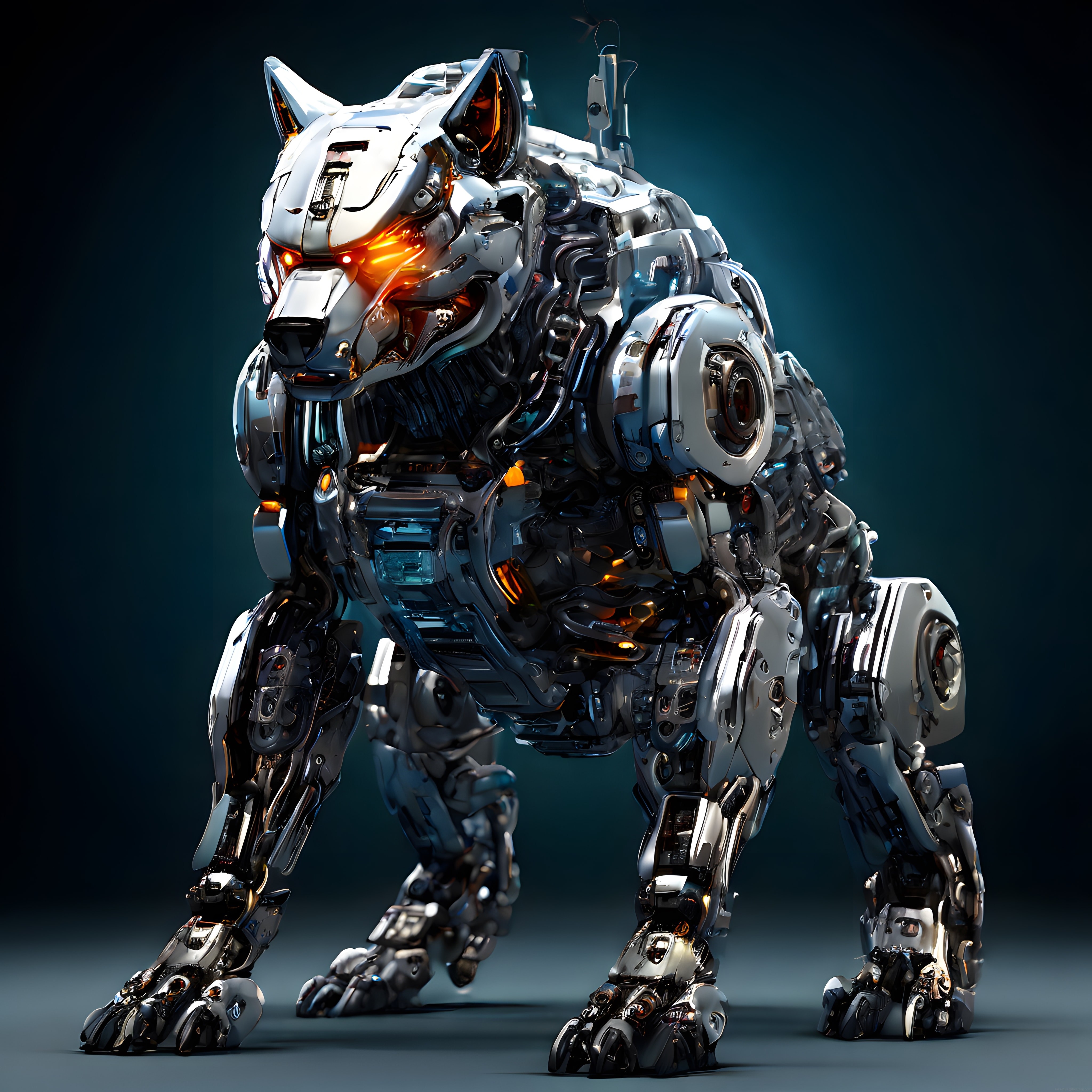 Amber Işıklı Gözleriyle Geleceğin Agresif ve Detaylı Mekanik Kurt Robotu